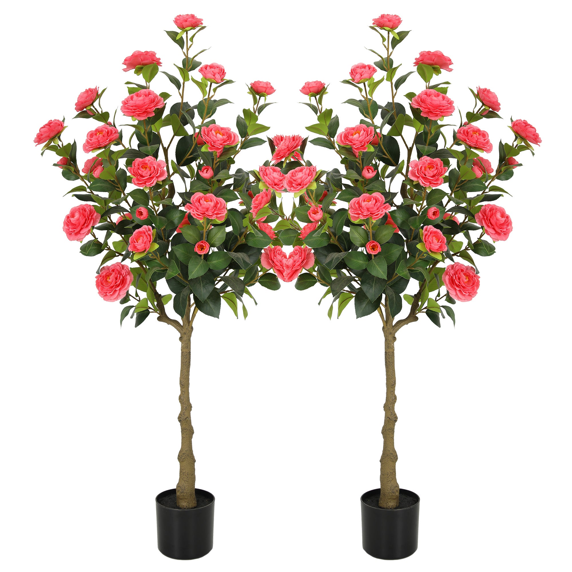 RosyHaven 4ft/5ft 2pack Artificial Camellia Tree with Realistic Orange/White/Pink/Yellow/Rwd Flowers, 48"Lifelike Faux Flower Tree with Blooming Fake Flowers for Front Door Porch Patio Garden Yard Poolside Living Room Decor