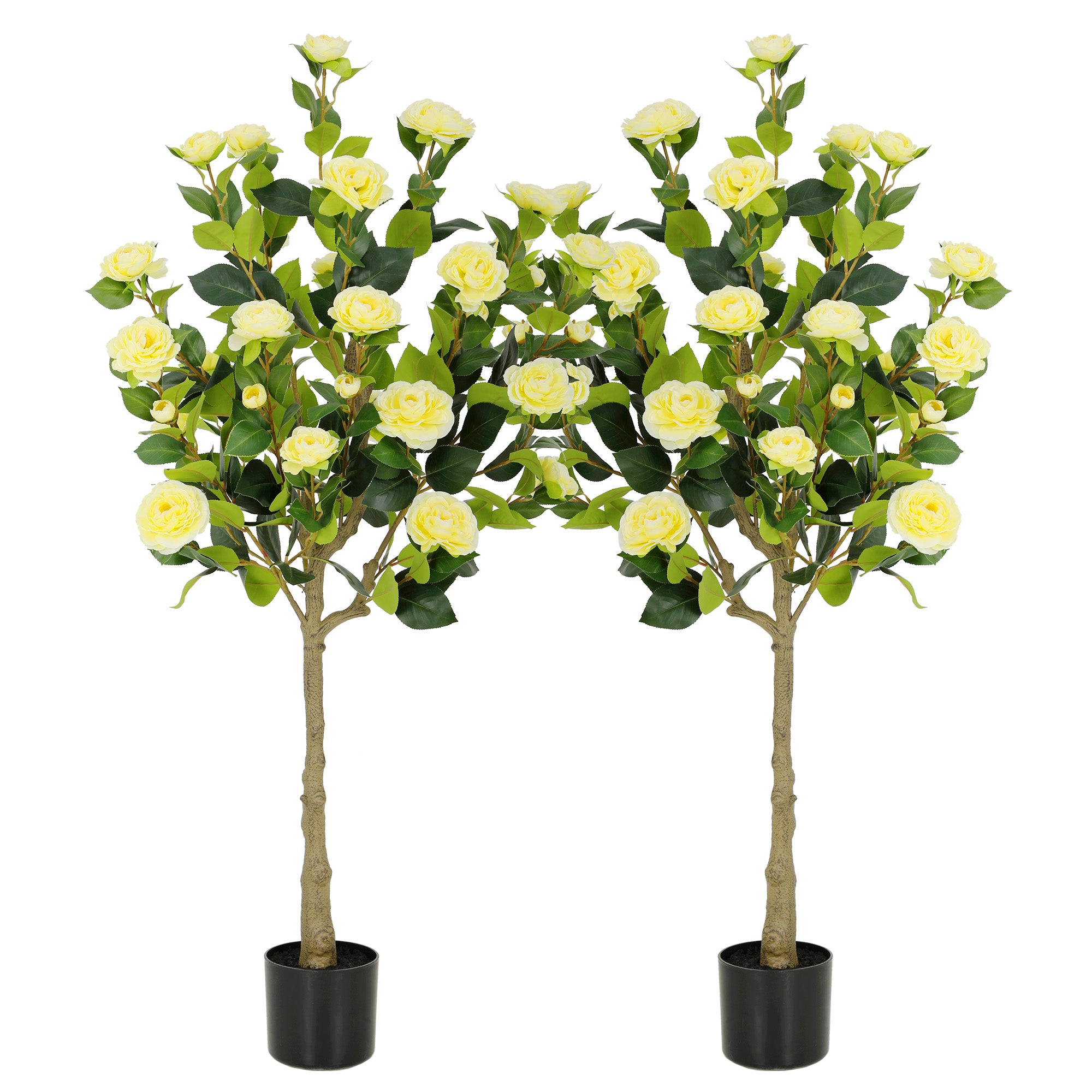 RosyHaven 4ft/5ft 2pack Artificial Camellia Tree with Realistic Orange/White/Pink/Yellow/Rwd Flowers, 48"Lifelike Faux Flower Tree with Blooming Fake Flowers for Front Door Porch Patio Garden Yard Poolside Living Room Decor