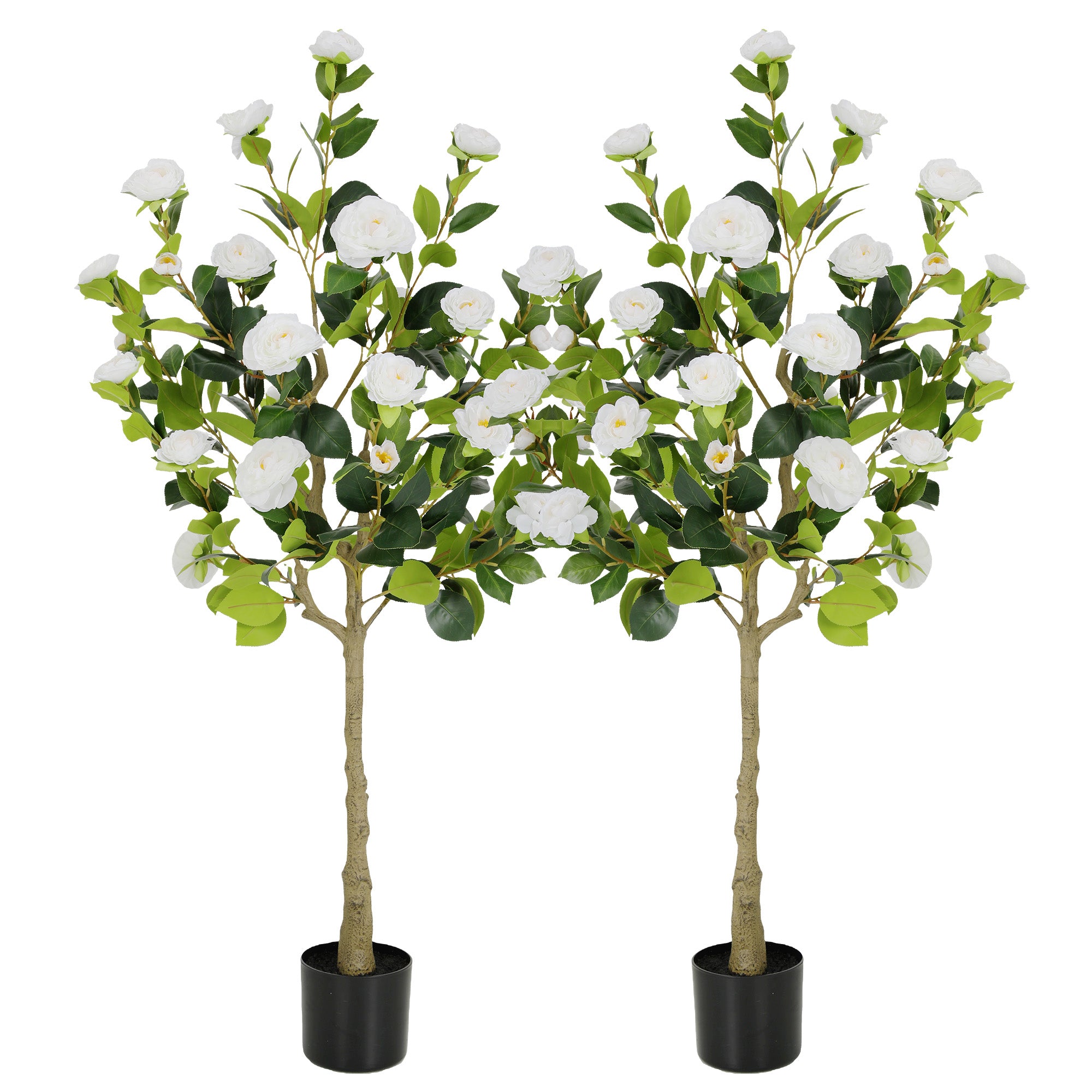 RosyHaven 4ft/5ft 2pack Artificial Camellia Tree with Realistic Orange/White/Pink/Yellow/Rwd Flowers, 48"Lifelike Faux Flower Tree with Blooming Fake Flowers for Front Door Porch Patio Garden Yard Poolside Living Room Decor