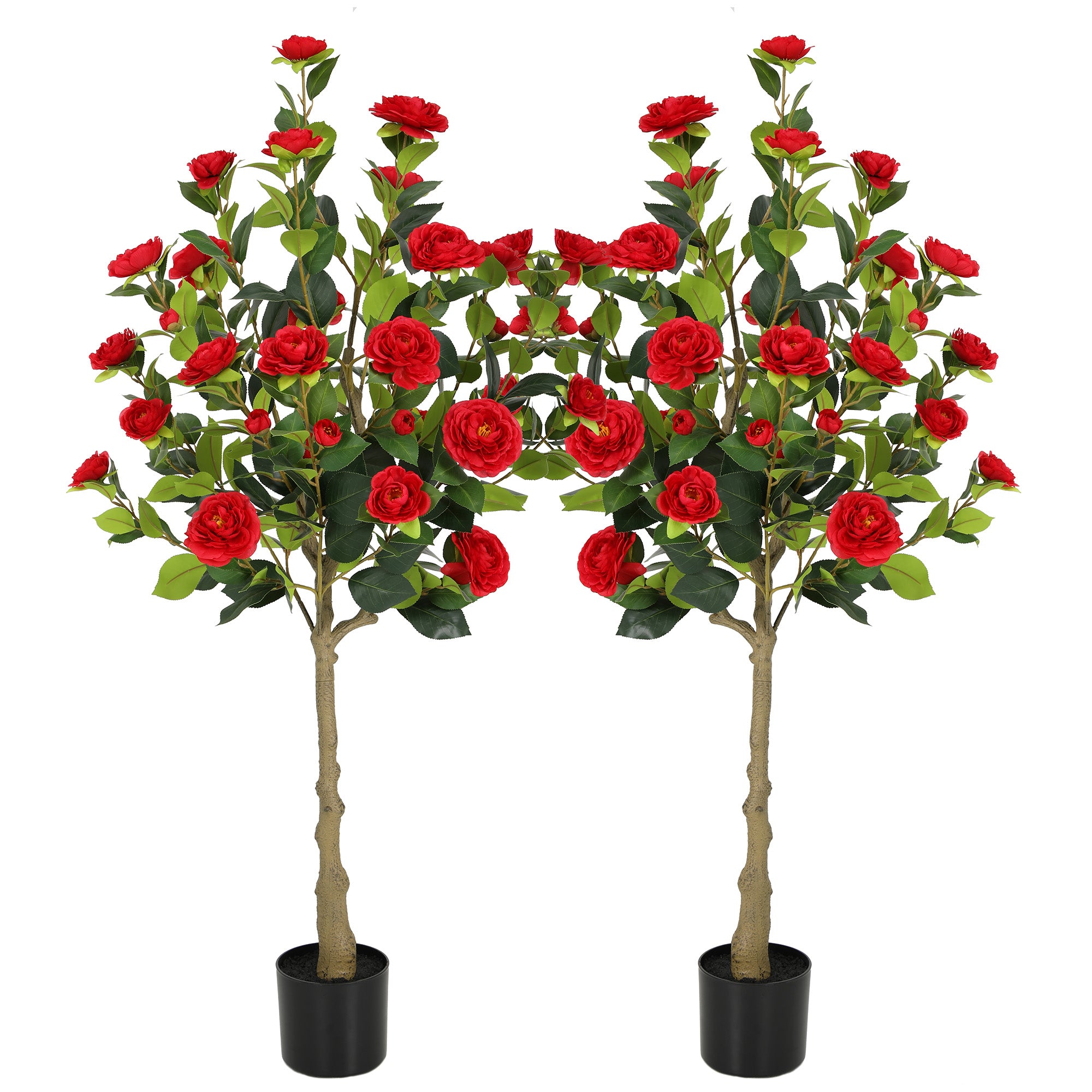 RosyHaven 4ft/5ft 2pack Artificial Camellia Tree with Realistic Orange/White/Pink/Yellow/Rwd Flowers, 48"Lifelike Faux Flower Tree with Blooming Fake Flowers for Front Door Porch Patio Garden Yard Poolside Living Room Decor