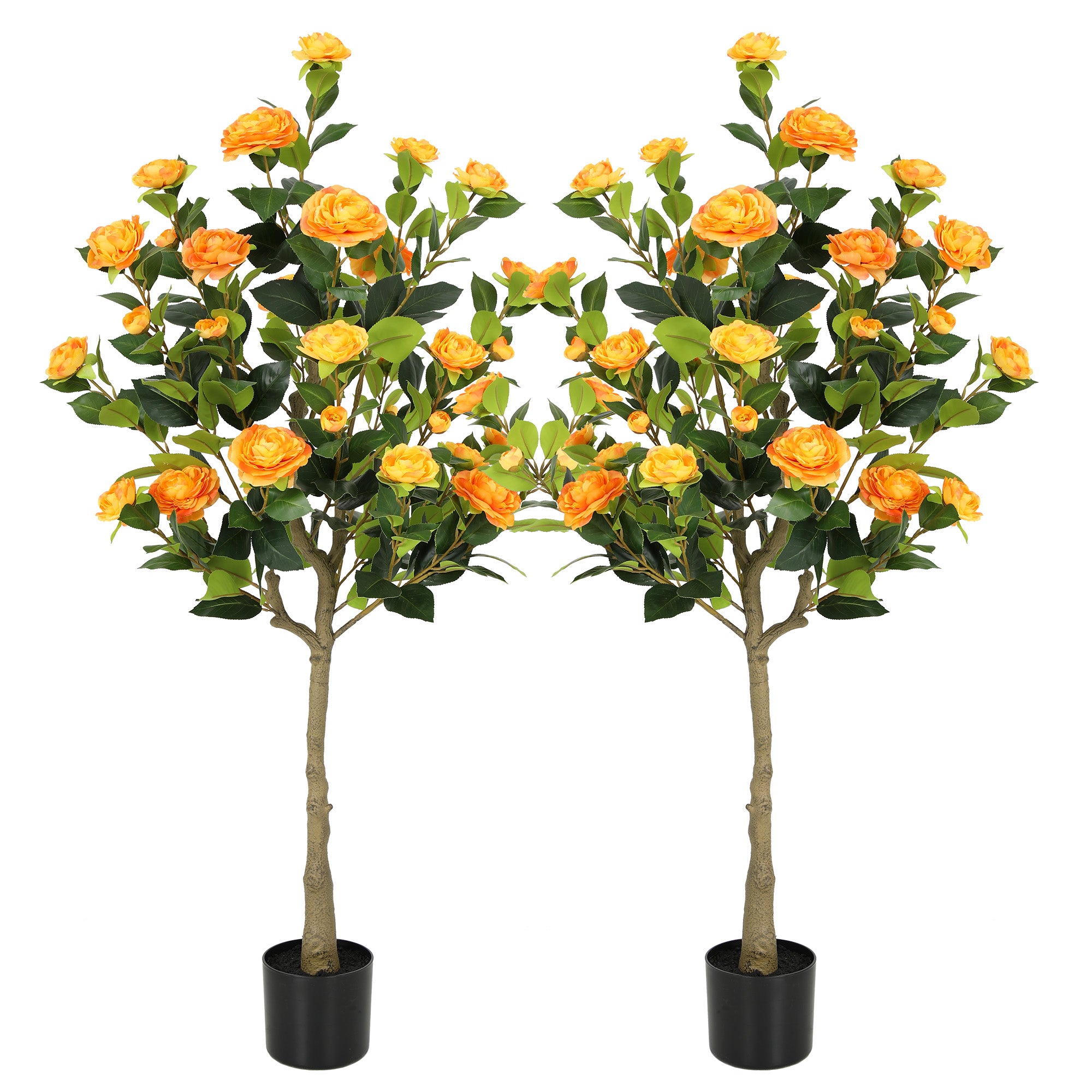 RosyHaven 4ft/5ft 2pack Artificial Camellia Tree with Realistic Orange/White/Pink/Yellow/Rwd Flowers, 48"Lifelike Faux Flower Tree with Blooming Fake Flowers for Front Door Porch Patio Garden Yard Poolside Living Room Decor