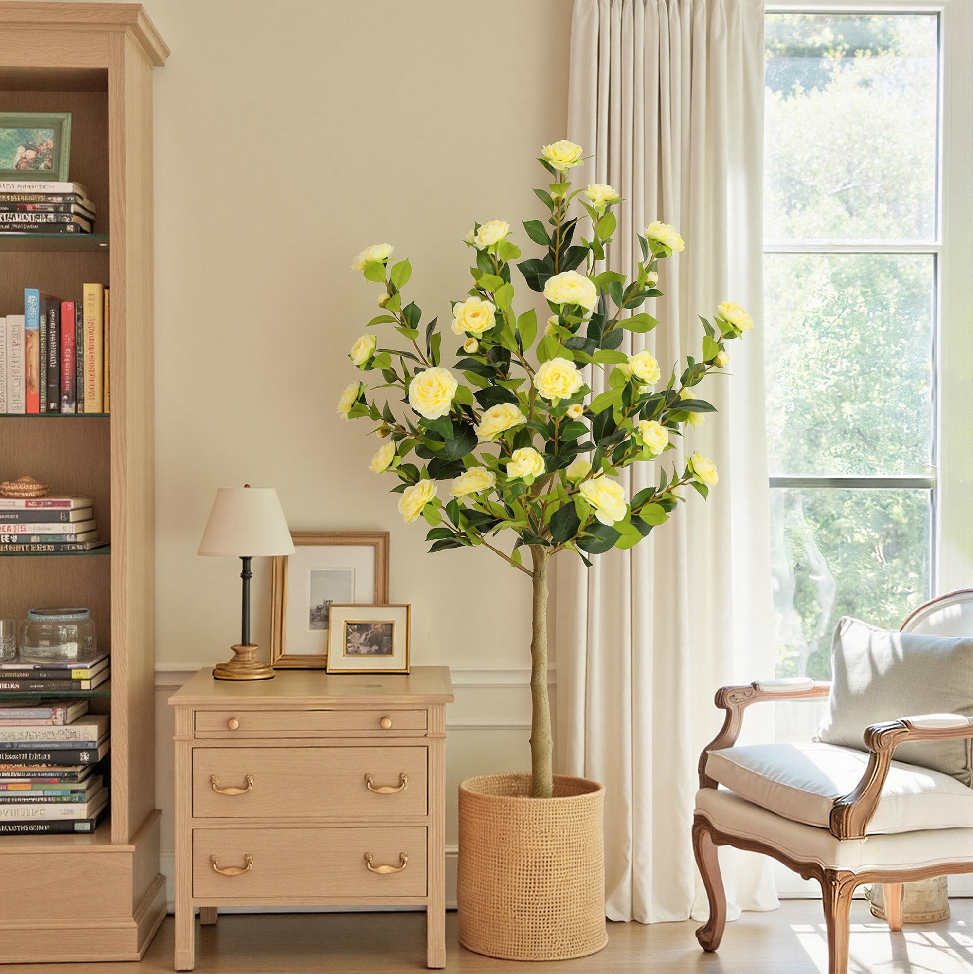 RosyHaven 4ft/5ft 2pack Artificial Camellia Tree with Realistic Orange/White/Pink/Yellow/Rwd Flowers, 48"Lifelike Faux Flower Tree with Blooming Fake Flowers for Front Door Porch Patio Garden Yard Poolside Living Room Decor
