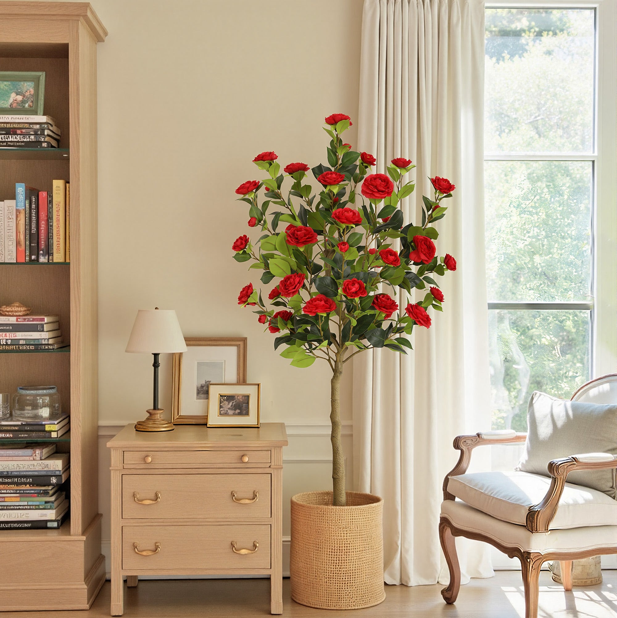 RosyHaven 4ft/5ft 2pack Artificial Camellia Tree with Realistic Orange/White/Pink/Yellow/Rwd Flowers, 48"Lifelike Faux Flower Tree with Blooming Fake Flowers for Front Door Porch Patio Garden Yard Poolside Living Room Decor