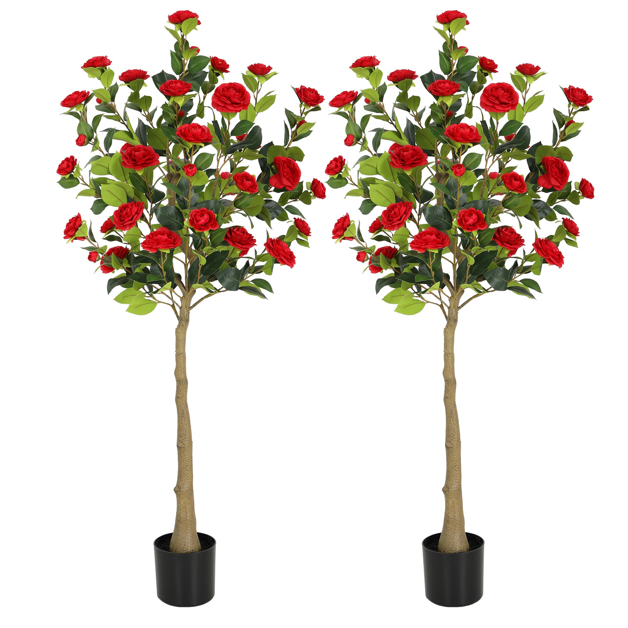 RosyHaven 4ft/5ft 2pack Artificial Camellia Tree with Realistic Orange/White/Pink/Yellow/Rwd Flowers, 48"Lifelike Faux Flower Tree with Blooming Fake Flowers for Front Door Porch Patio Garden Yard Poolside Living Room Decor