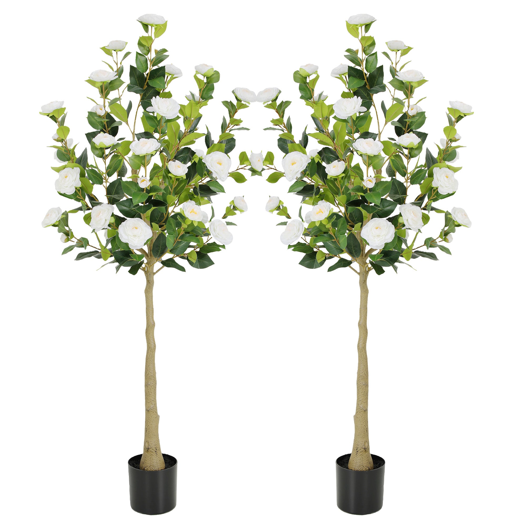 RosyHaven 4ft/5ft 2pack Artificial Camellia Tree with Realistic Orange/White/Pink/Yellow/Rwd Flowers, 48"Lifelike Faux Flower Tree with Blooming Fake Flowers for Front Door Porch Patio Garden Yard Poolside Living Room Decor