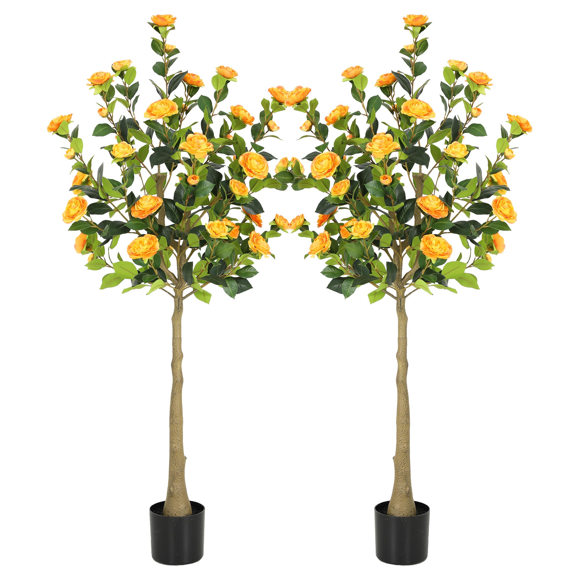 RosyHaven 4ft/5ft 2pack Artificial Camellia Tree with Realistic Orange/White/Pink/Yellow/Rwd Flowers, 48"Lifelike Faux Flower Tree with Blooming Fake Flowers for Front Door Porch Patio Garden Yard Poolside Living Room Decor