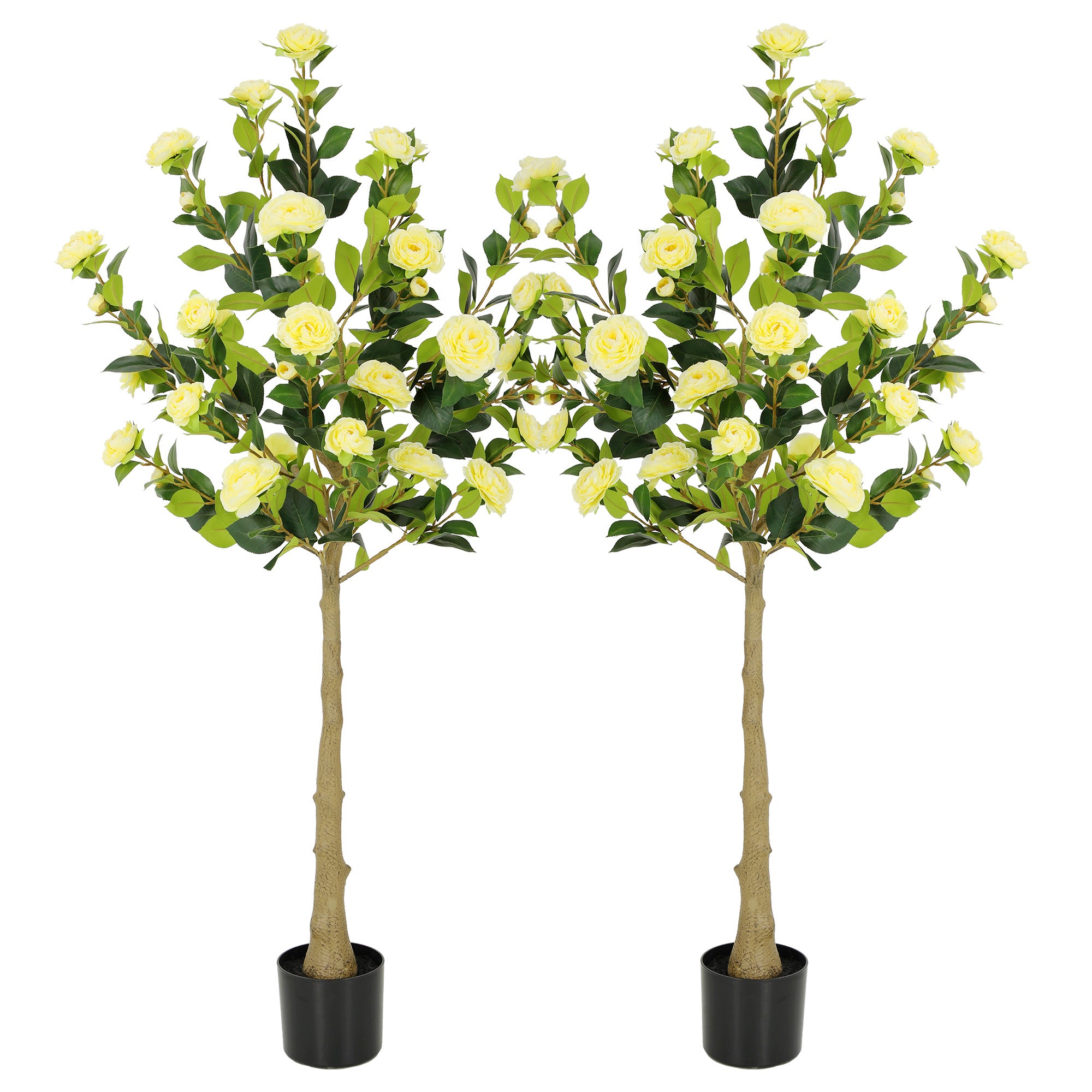 RosyHaven 4ft/5ft 2pack Artificial Camellia Tree with Realistic Orange/White/Pink/Yellow/Rwd Flowers, 48"Lifelike Faux Flower Tree with Blooming Fake Flowers for Front Door Porch Patio Garden Yard Poolside Living Room Decor