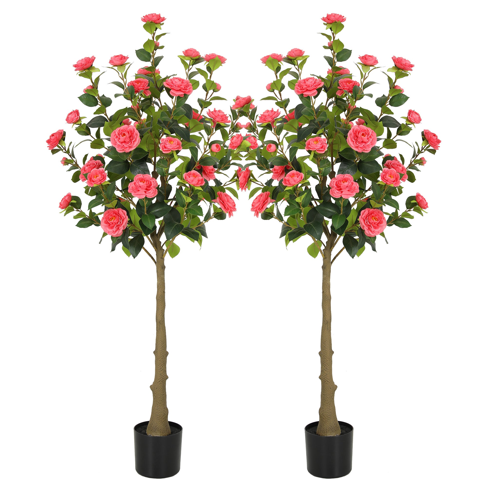 RosyHaven 4ft/5ft 2pack Artificial Camellia Tree with Realistic Orange/White/Pink/Yellow/Rwd Flowers, 48"Lifelike Faux Flower Tree with Blooming Fake Flowers for Front Door Porch Patio Garden Yard Poolside Living Room Decor