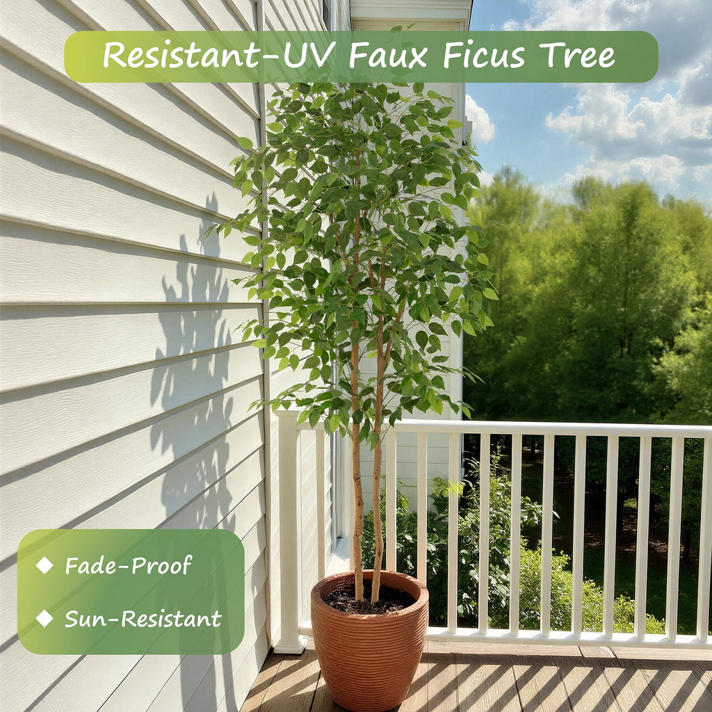 RosyHaven 7ft Real Touch Artificial Ficus Tree with Real Wood Trunks and Waterproof Leaves, 84"Resistant UV Faux Ficus Tree for Living Room Bedroom Dining Room Balcony Yard Patio Decor