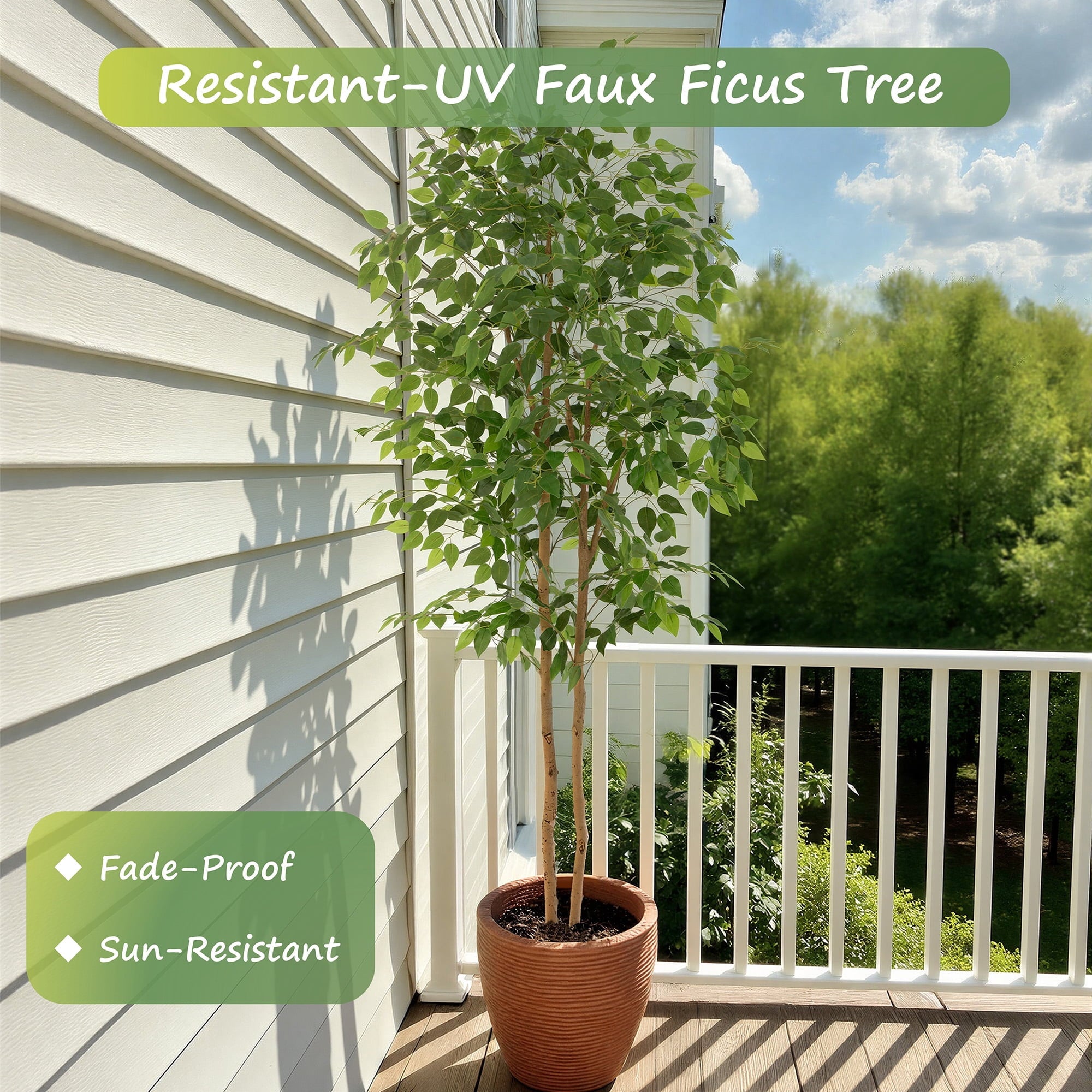 RosyHaven 7ft Real Touch Artificial Ficus Tree with Real Wood Trunks and Waterproof Leaves, 84"Resistant UV Faux Ficus Tree for Living Room Bedroom Dining Room Balcony Yard Patio Decor