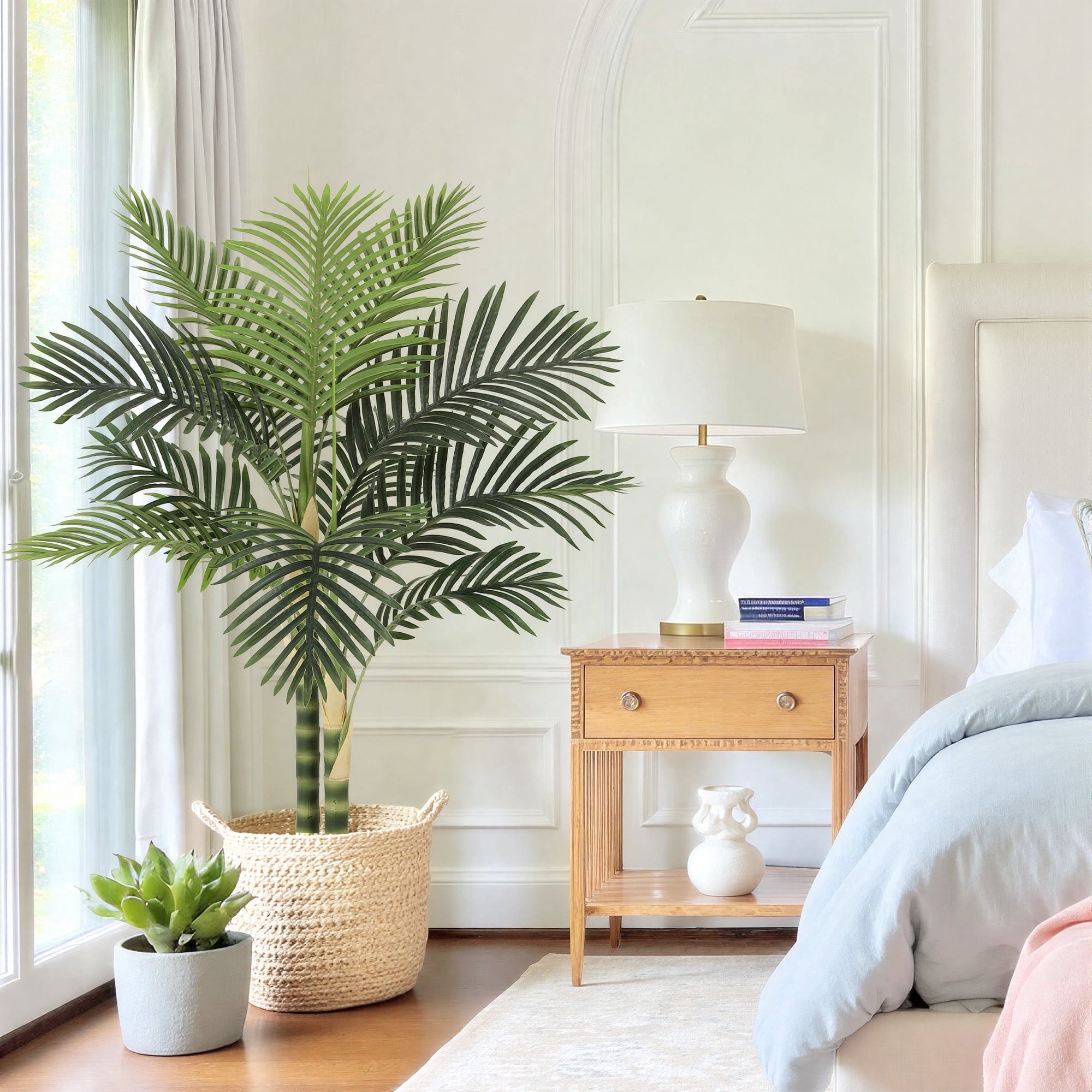 RosyHaven 5ft UV Resistant Artificial Golden Cane Palm Tree with Full Leaves and Realistic Trunks,60"Faux Palm Tree,Fake Palm Tree for Poolside Patio Living Room Balcony Outdoor Indoor Decor