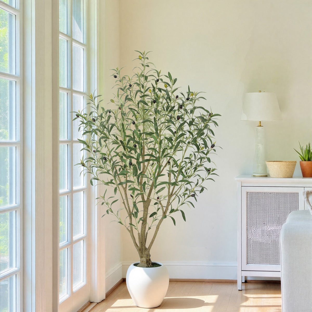 RosyHaven 5/6/7/8/8.1/9ft Super Full Artificial Olive Tree with Minimalist Planter(Size: D11.8"*H10.7"/D15.8"*H13.5"/D18.4"*H16.5"),Warm White Spotlight,108"Tall Faux Olive Tree for Living Room Bedroom Patio Balcony Corner Decor