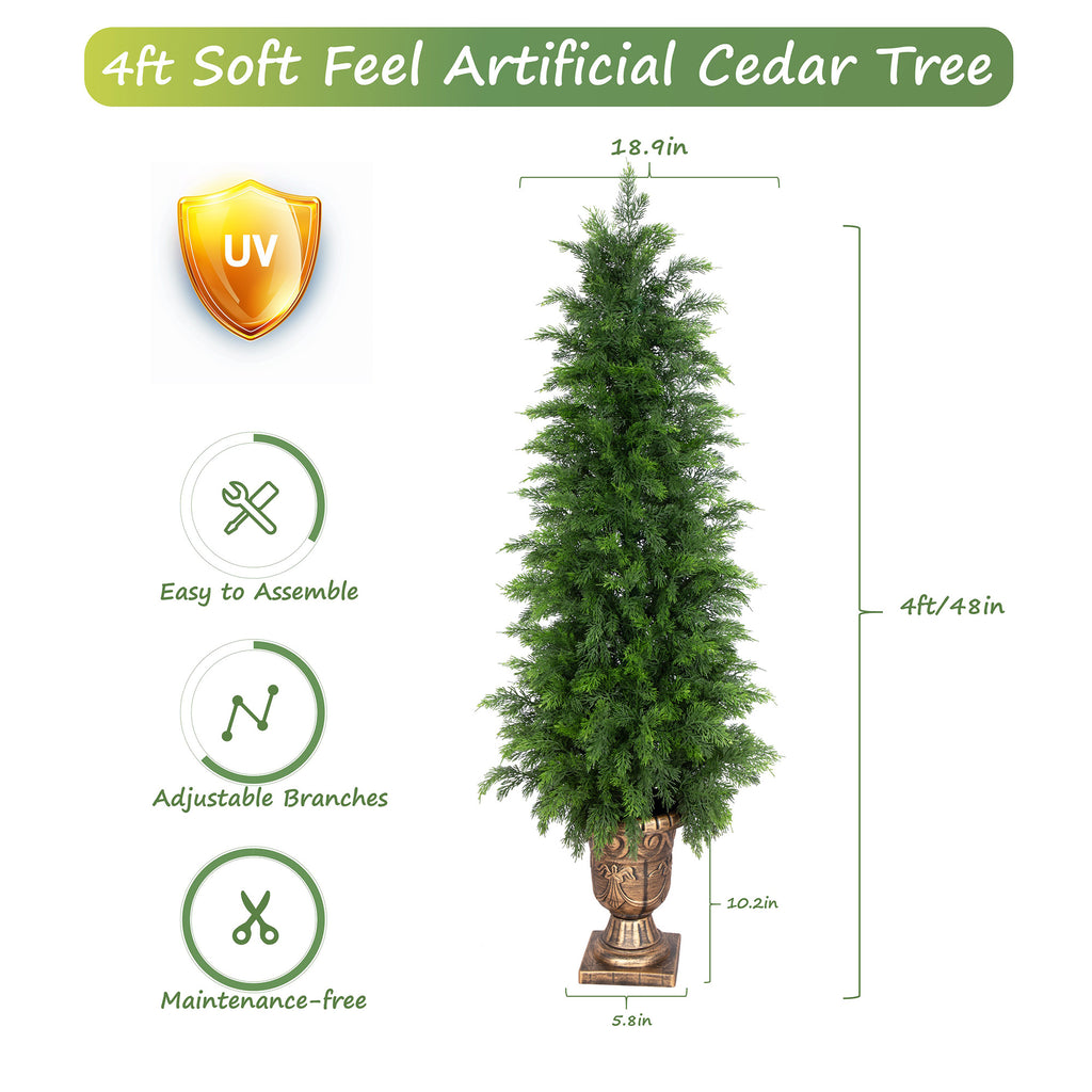 RosyHaven 3ft/4ft/5ft Real Touch Faux Cedar Tree with Decorative Urn Planter , 1Pack/2Pack UV Resistant Artificial Topiary Trees Outdoor for Front Door Porch Bedroom Livingroom Fireplace Holiday Decor