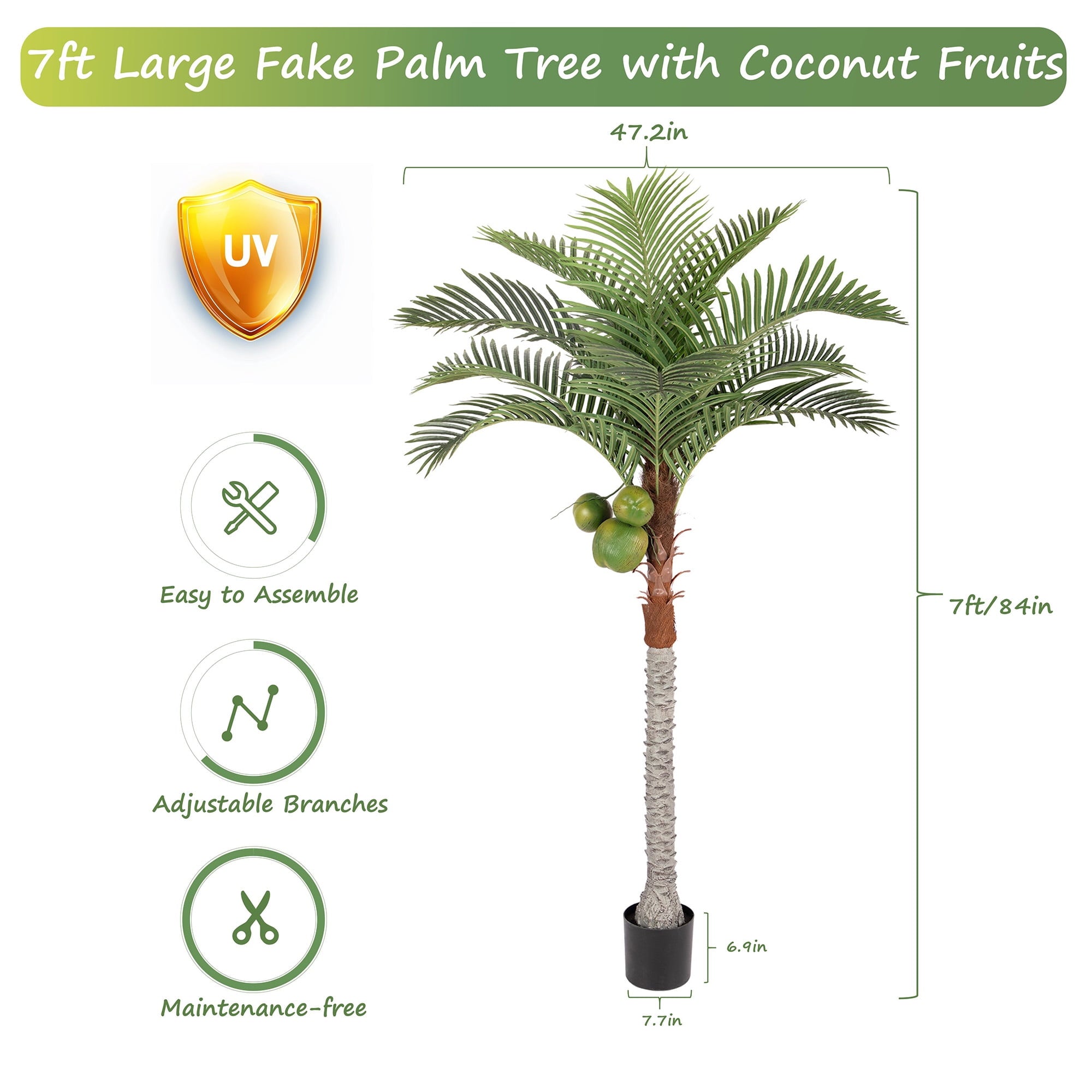 RosyHaven 7ft UV Resistant Artificial Palm Tree with Coconut Fruits,84" Large Coconut Palm Tree with Full Leavesd and Realistic Trunks for Pool Patio Living Room Balcony Outdoor Indoor Decor