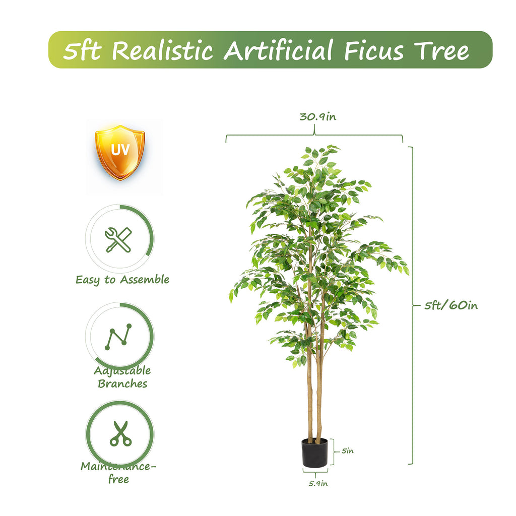 RosyHaven 5ft/6ft/7ft/8ft Real Touch Artificial Ficus Tree , Resistant UV Faux Ficus Tree with Waterproof Leaves and Realitic Trunks for Living Room Bedroom Dining Room Balcony Yard Patio Decor
