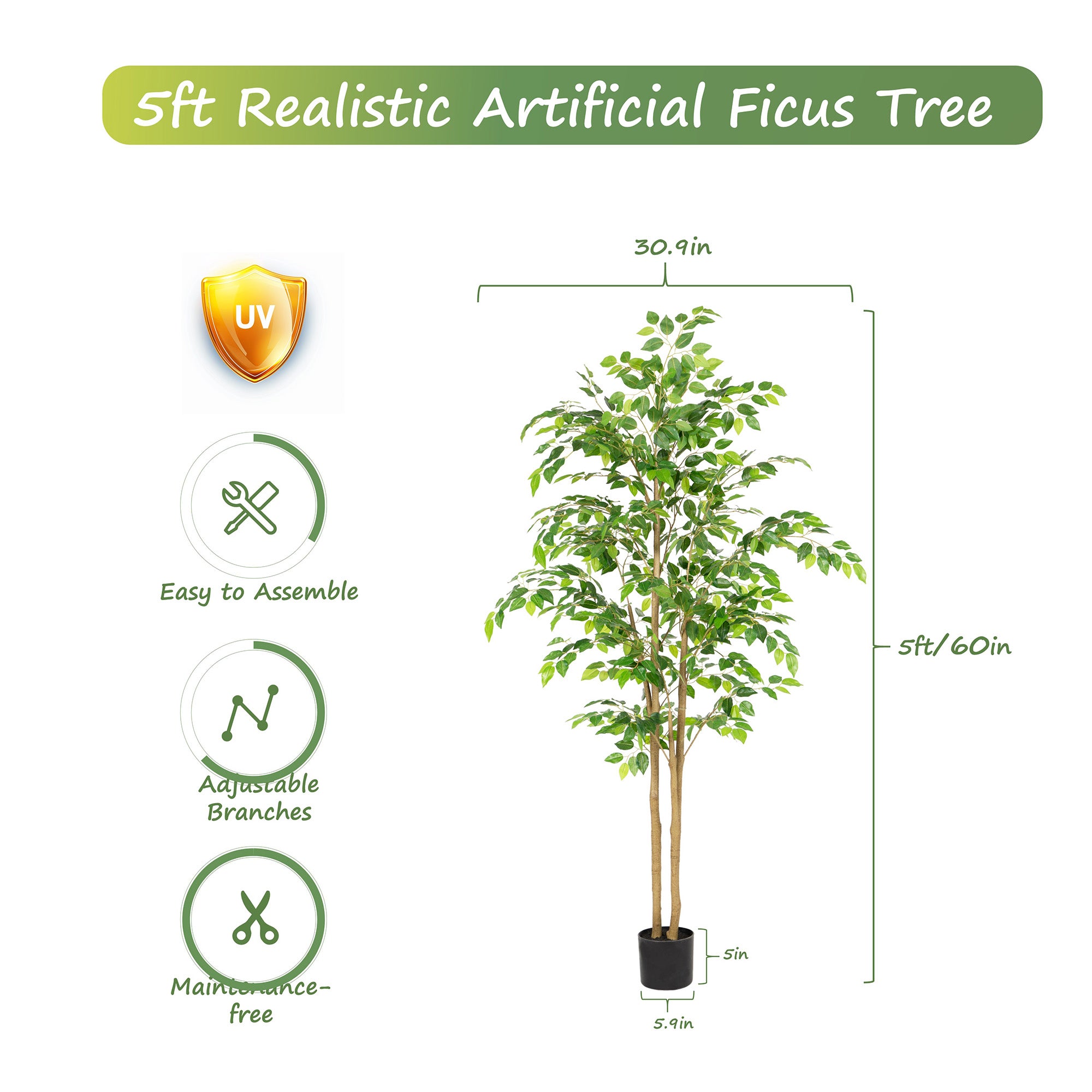 RosyHaven 5ft/6ft/7ft/8ft Real Touch Artificial Ficus Tree , Resistant UV Faux Ficus Tree with Waterproof Leaves and Realitic Trunks for Living Room Bedroom Dining Room Balcony Yard Patio Decor