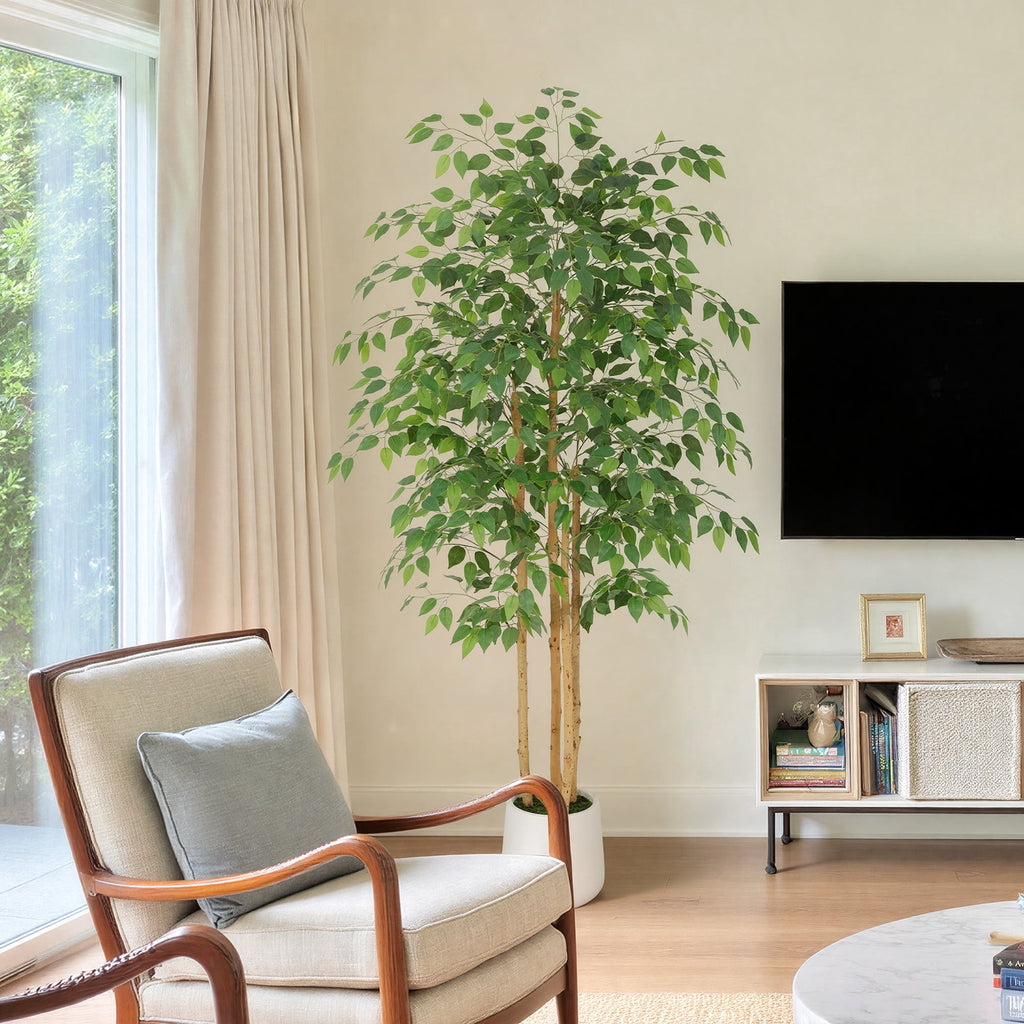 RosyHaven 7ft Resistant UV Artificial Ficus Tree with Exquisite White Planter, Real Wood Trunks, 84"Real Touch Faux Ficus Tree, Fake Ficus Tree Indoor for Living Room Bedroom Dining Room Balcony Pati