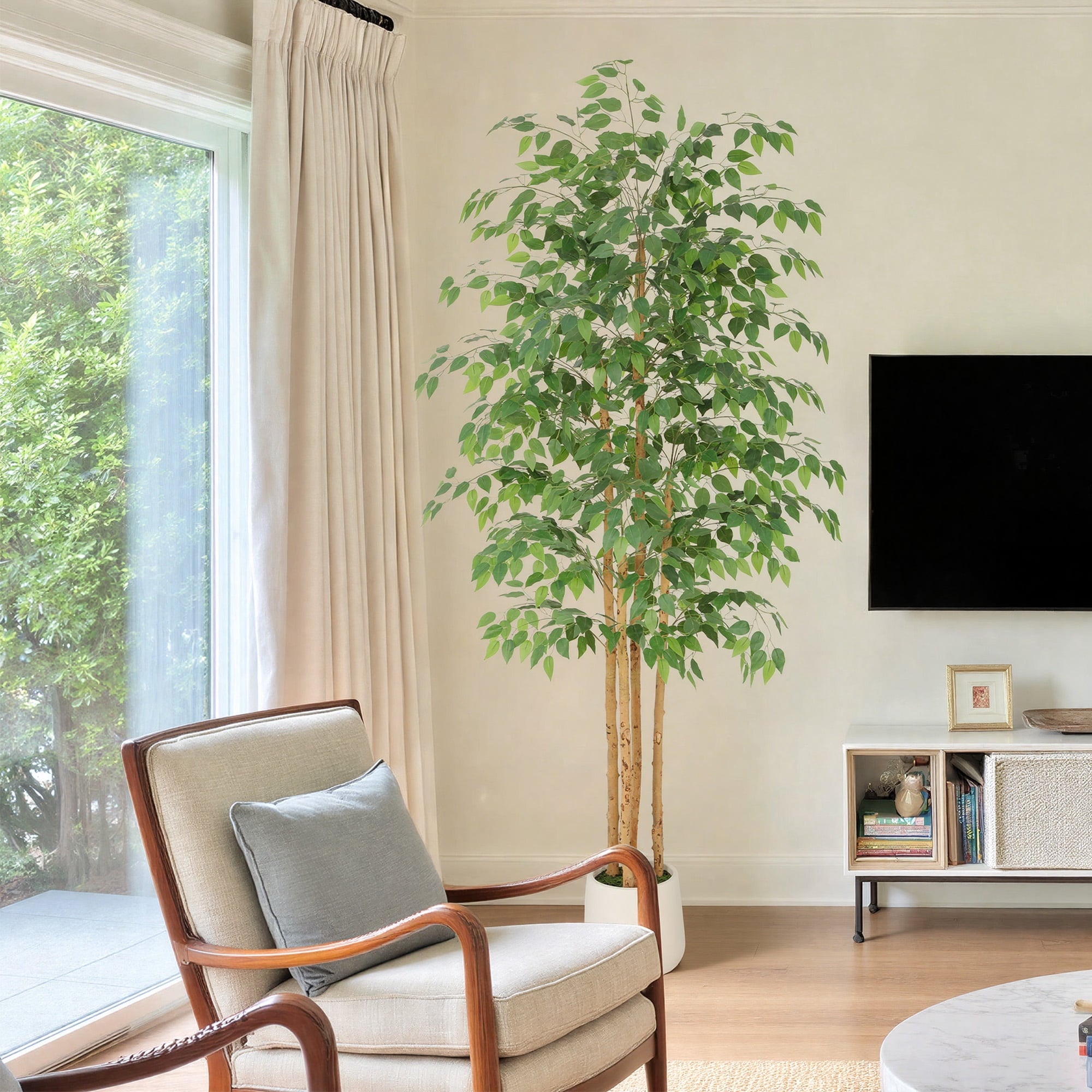 RosyHaven 7ft Resistant UV Artificial Ficus Tree with Exquisite White Planter, Real Wood Trunks, 84"Real Touch Faux Ficus Tree, Fake Ficus Tree Indoor for Living Room Bedroom Dining Room Balcony Pati