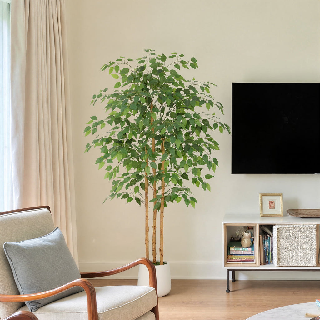 RosyHaven 7ft Resistant UV Artificial Ficus Tree with Exquisite White Planter, Real Wood Trunks, 84"Real Touch Faux Ficus Tree, Fake Ficus Tree Indoor for Living Room Bedroom Dining Room Balcony Pati