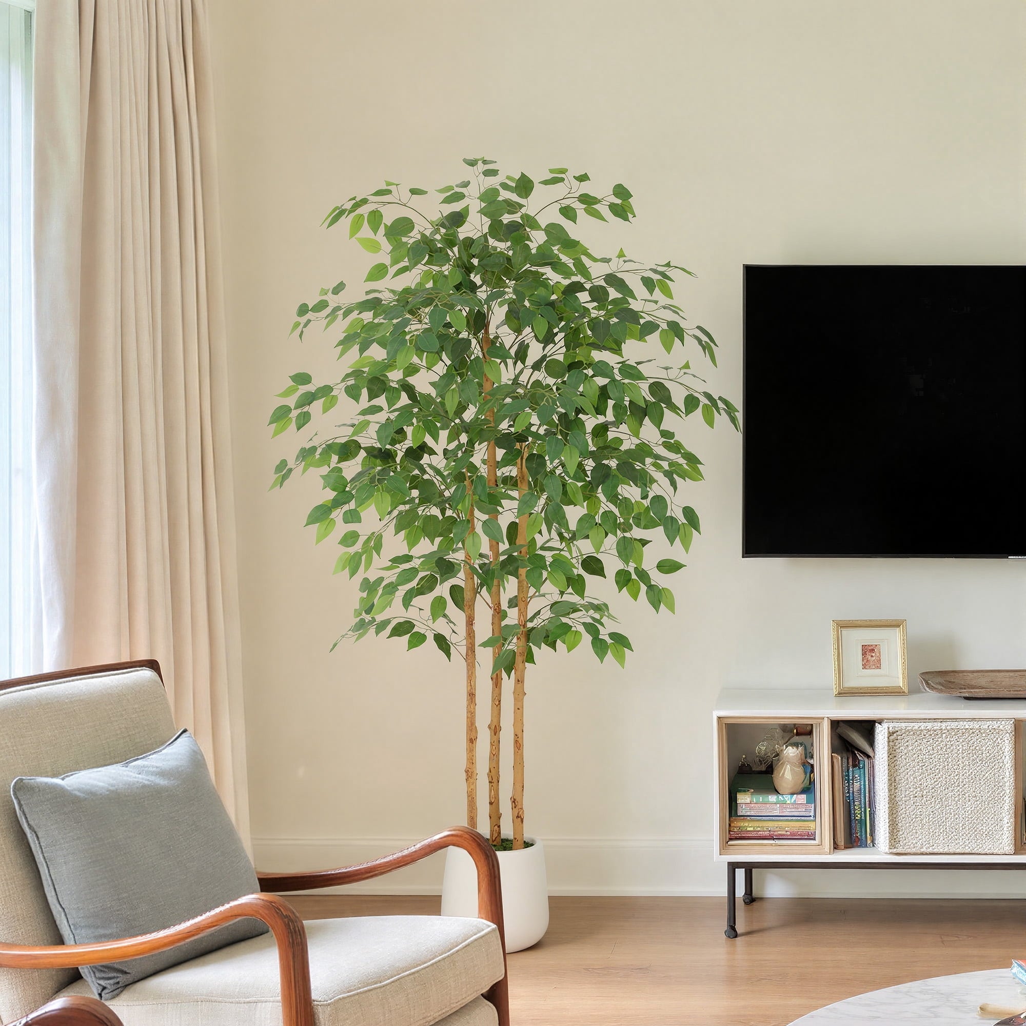 RosyHaven 7ft Resistant UV Artificial Ficus Tree with Exquisite White Planter, Real Wood Trunks, 84"Real Touch Faux Ficus Tree, Fake Ficus Tree Indoor for Living Room Bedroom Dining Room Balcony Pati