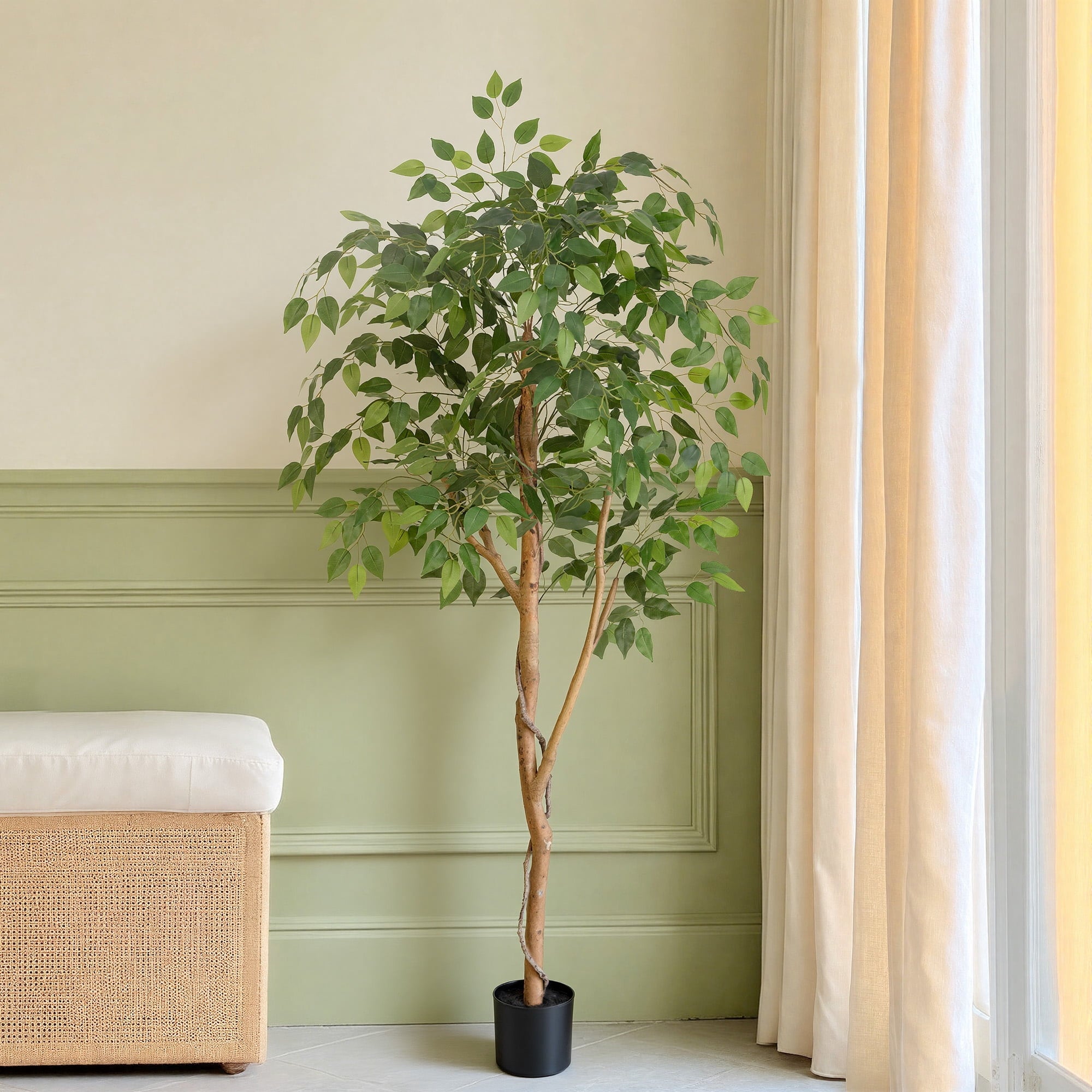 RosyHaven 6ft Resistant UV Artificial Ficus Tree with Real Wood Trunks and Waterproof & Real Touch Leaves, 72"Realistic Faux Ficus Tree for Living Room Bedroom Dining Room Balcony Yard Patio Decor