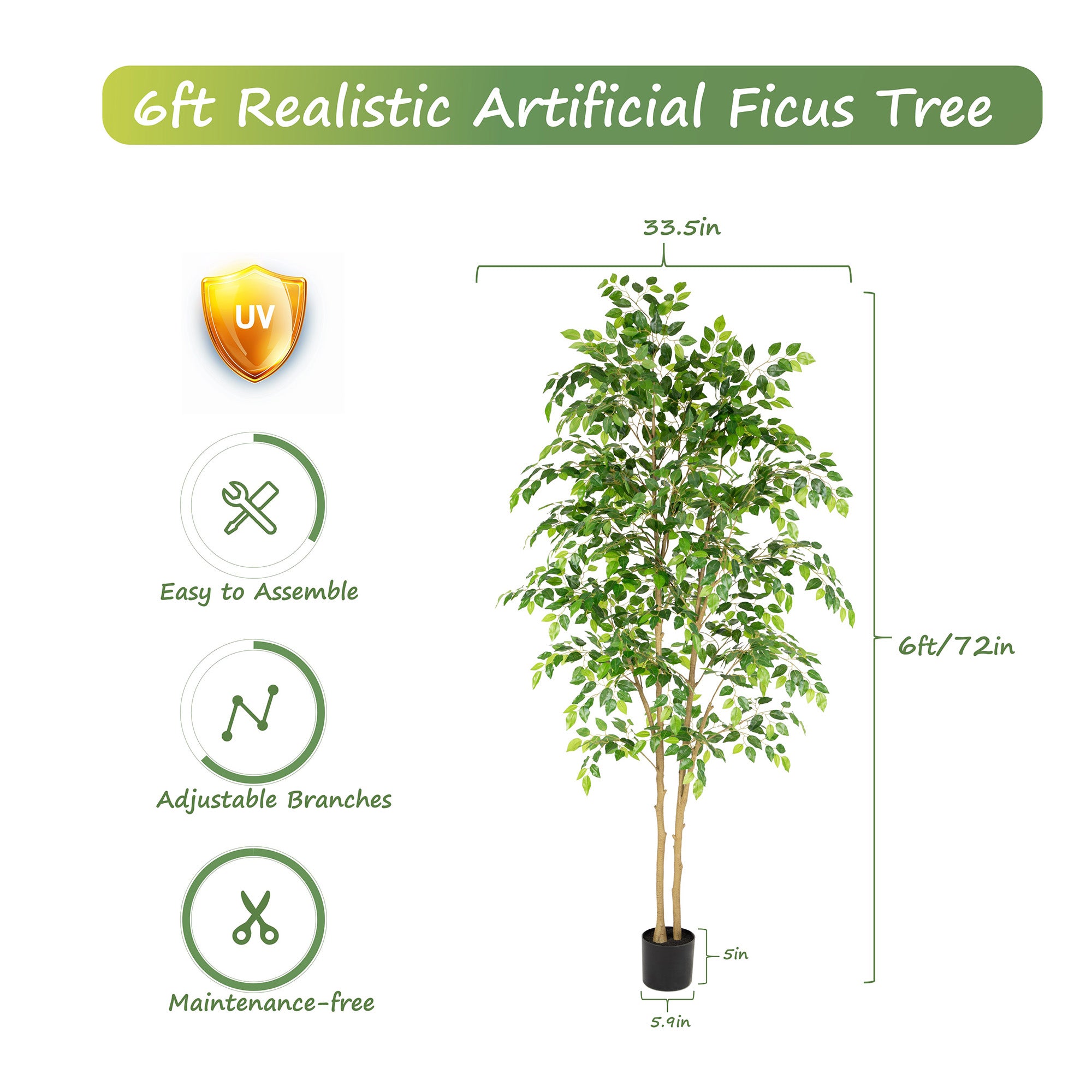 RosyHaven 5ft/6ft/7ft/8ft Real Touch Artificial Ficus Tree , Resistant UV Faux Ficus Tree with Waterproof Leaves and Realitic Trunks for Living Room Bedroom Dining Room Balcony Yard Patio Decor