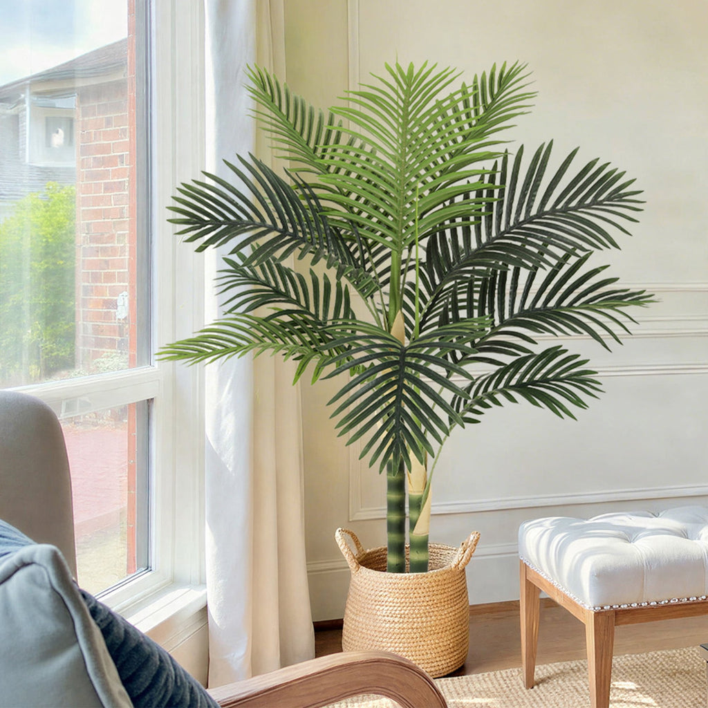 RosyHaven 5ft UV Resistant Artificial Golden Cane Palm Tree with Full Leaves and Realistic Trunks,60"Faux Palm Tree,Fake Palm Tree for Poolside Patio Living Room Balcony Outdoor Indoor Decor
