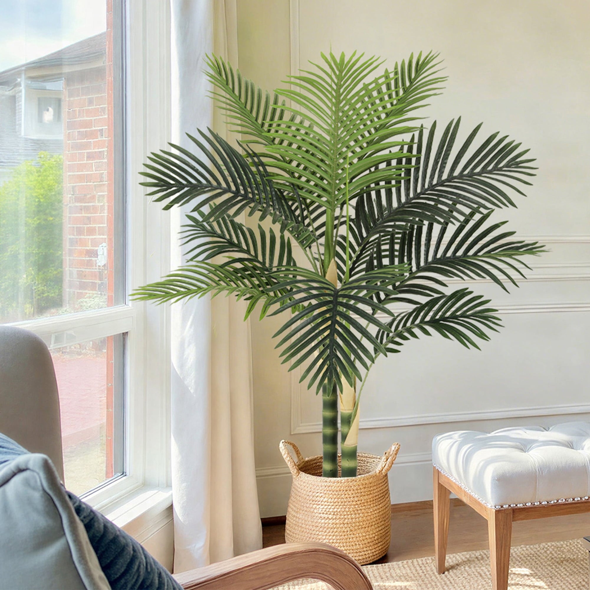 RosyHaven 5ft UV Resistant Artificial Golden Cane Palm Tree with Full Leaves and Realistic Trunks,60"Faux Palm Tree,Fake Palm Tree for Poolside Patio Living Room Balcony Outdoor Indoor Decor