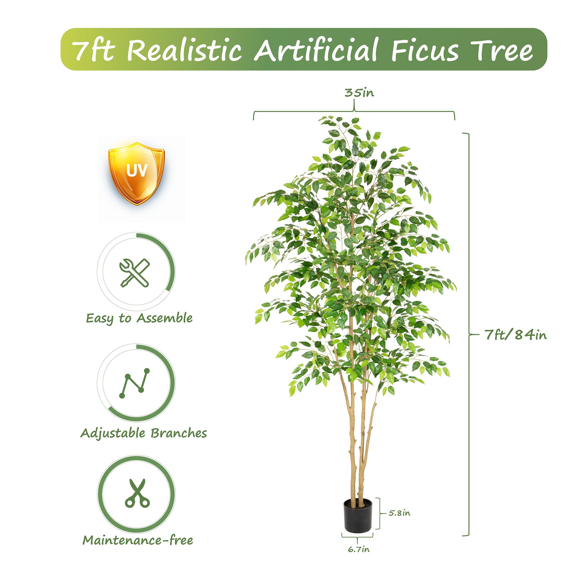 RosyHaven 5ft/6ft/7ft/8ft Real Touch Artificial Ficus Tree , Resistant UV Faux Ficus Tree with Waterproof Leaves and Realitic Trunks for Living Room Bedroom Dining Room Balcony Yard Patio Decor