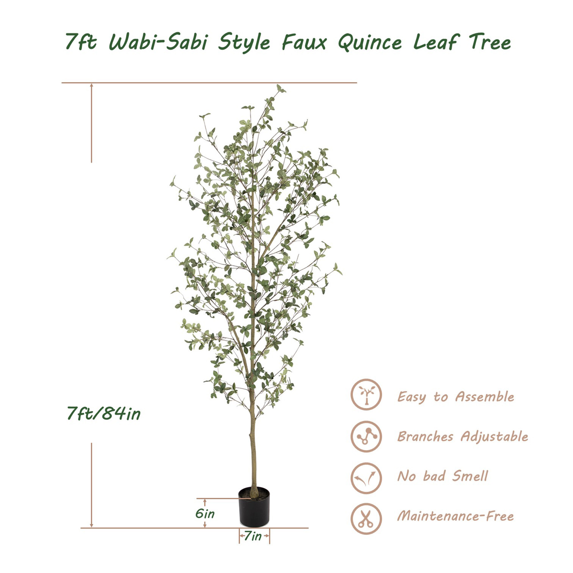 RosyHaven 6/7ft Realistic Faux Quince Leaf Tree, Tall Artificial Quince Leaf Tree with Lifelike Leaves and Trunks for Garden Home Office Porch Balcony Living Room Decor