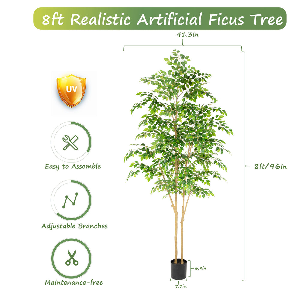 RosyHaven 5ft/6ft/7ft/8ft Real Touch Artificial Ficus Tree , Resistant UV Faux Ficus Tree with Waterproof Leaves and Realitic Trunks for Living Room Bedroom Dining Room Balcony Yard Patio Decor