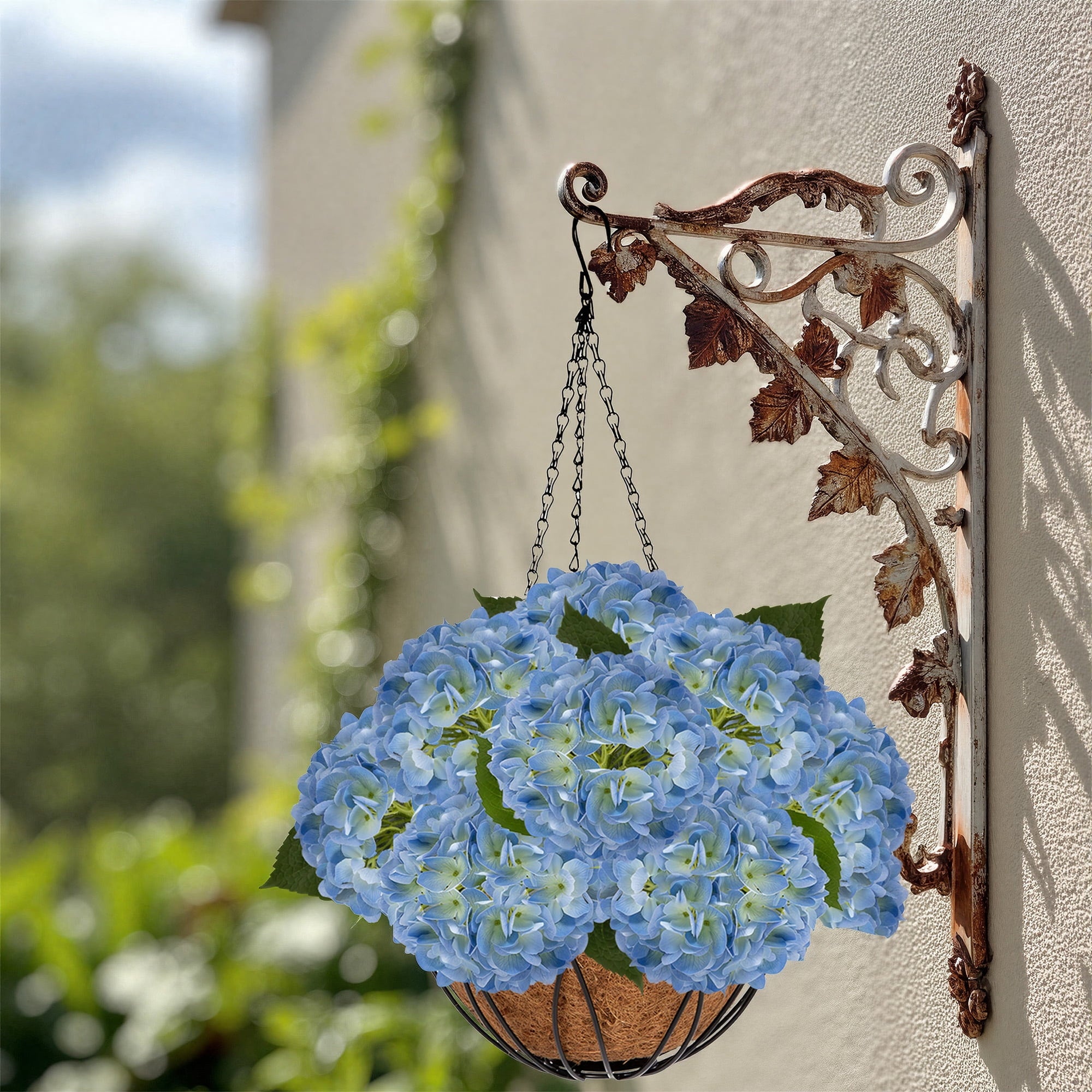 RosyHaven 2Pack Hanging Hydrangea Artificial Flowers with Real Touch Large Bule Hydrangea Flowers,Outdoor Faux Flower Hanging Basket for Spring Summer Porch Balcony Yard Garden Patio Home Decor