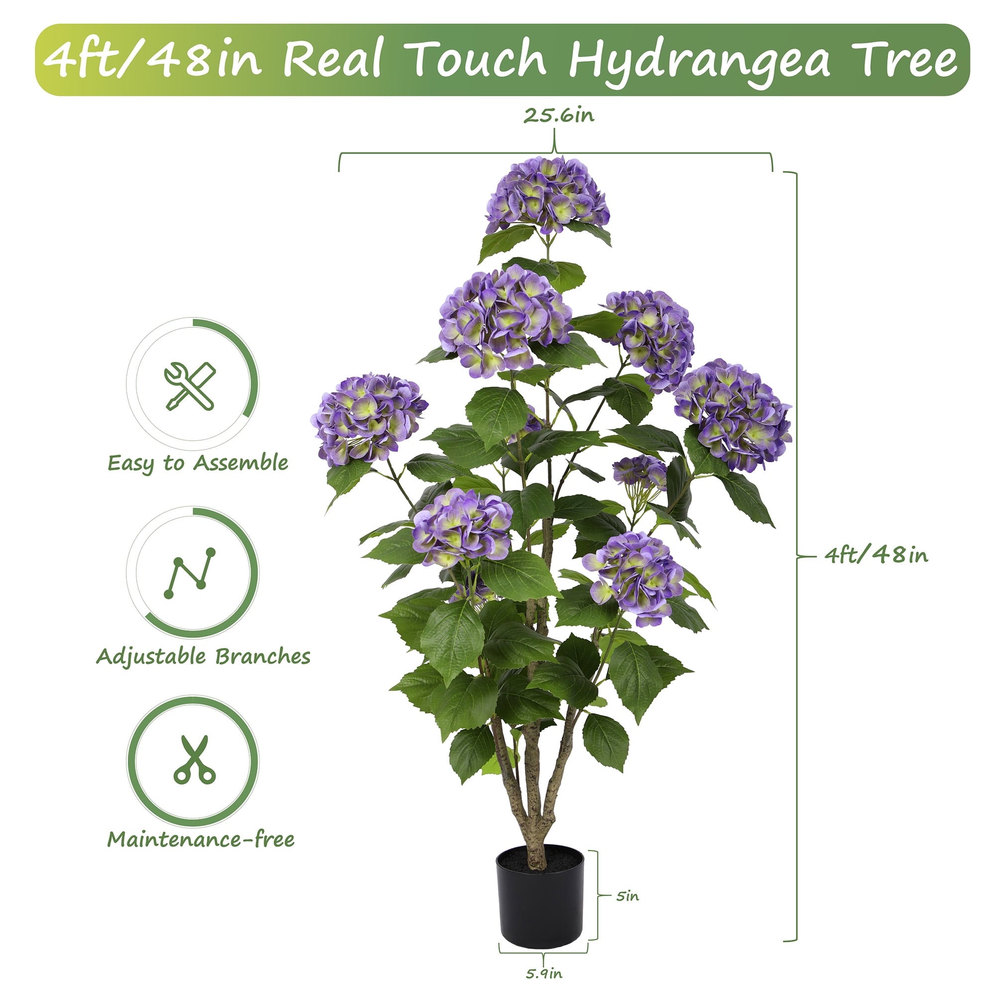 RosyHaven 4ft Real Touch Faux Hydrangea Tree Outdoor with Realistic & Waterproof Premium Latex Flowers,2Pack 48"Artificial Hydrangea Tree,Fake Outdoor Plants for Porch Patio Garden Room Decor,Purple