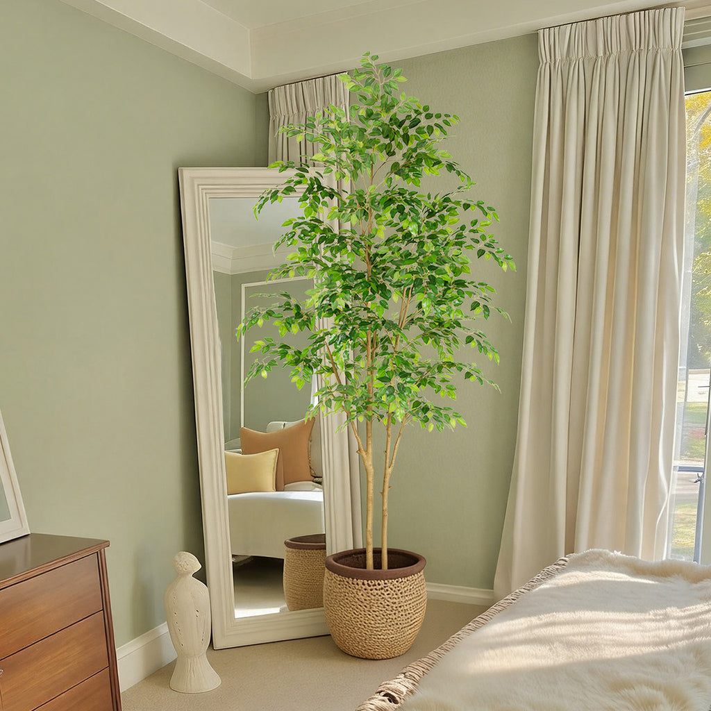 RosyHaven 5ft/6ft/7ft/8ft Real Touch Artificial Ficus Tree , Resistant UV Faux Ficus Tree with Waterproof Leaves and Realitic Trunks for Living Room Bedroom Dining Room Balcony Yard Patio Decor