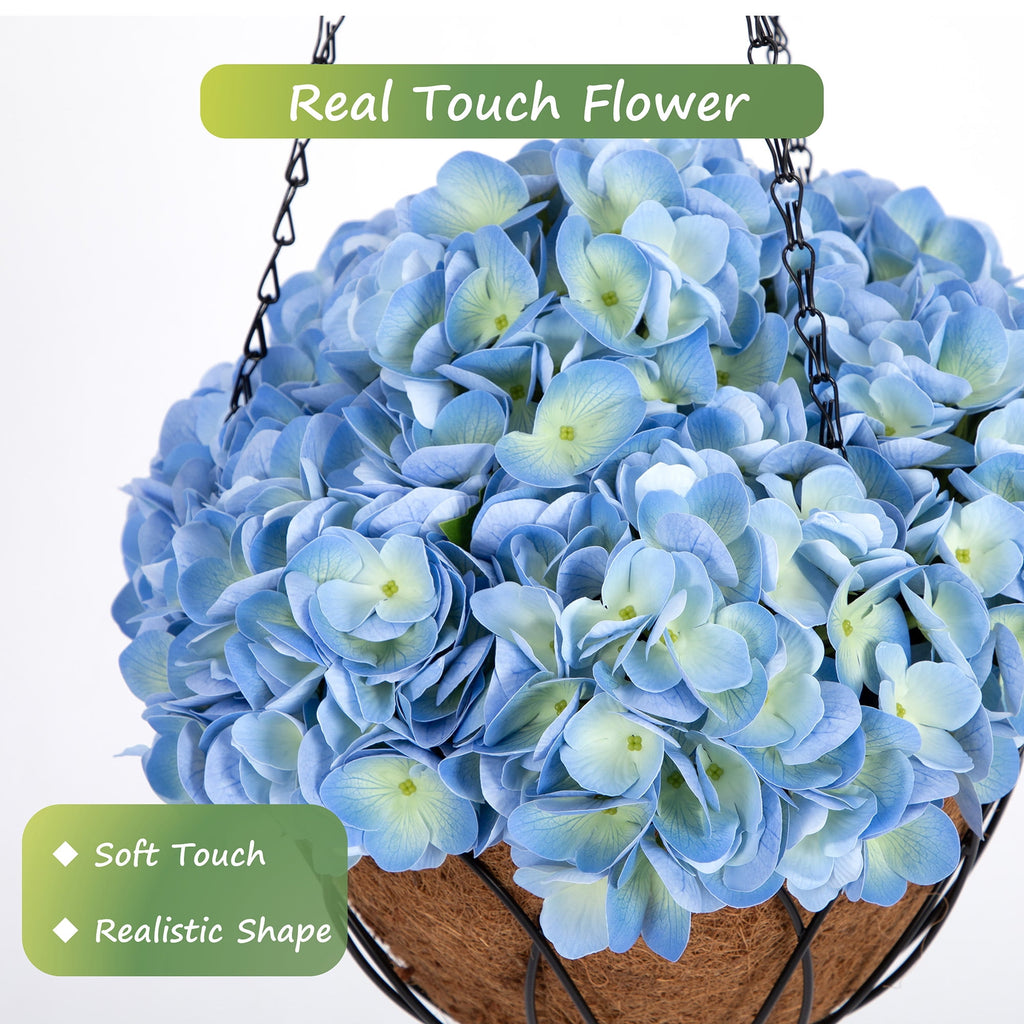 RosyHaven 2Pack Hanging Hydrangea Artificial Flowers with Real Touch Large Bule Hydrangea Flowers,Outdoor Faux Flower Hanging Basket for Spring Summer Porch Balcony Yard Garden Patio Home Decor