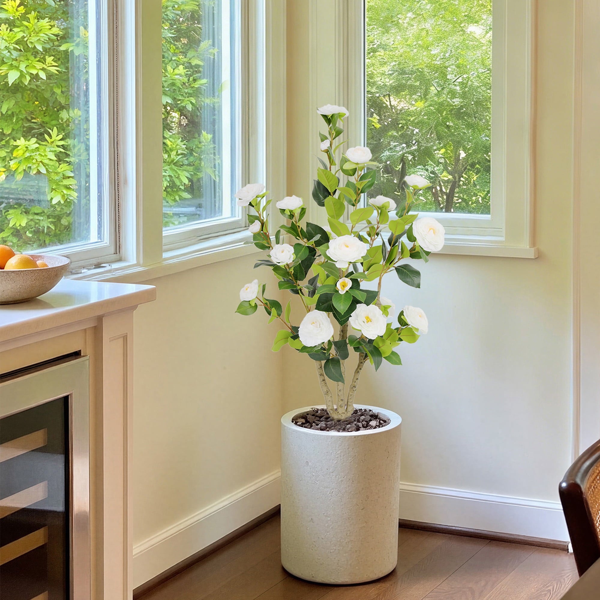 RosyHaven 2Pack 2ft Artificial Camellia Tree with Realistic White Flowers, 24"Fake Camellia Tree, Faux Camellia Tree outdoor with Camellia Flowers for Front Door Porch Patio Garden Yard Pool Room Dec