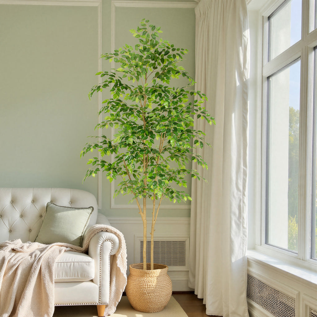 RosyHaven 5ft/6ft/7ft/8ft Real Touch Artificial Ficus Tree , Resistant UV Faux Ficus Tree with Waterproof Leaves and Realitic Trunks for Living Room Bedroom Dining Room Balcony Yard Patio Decor
