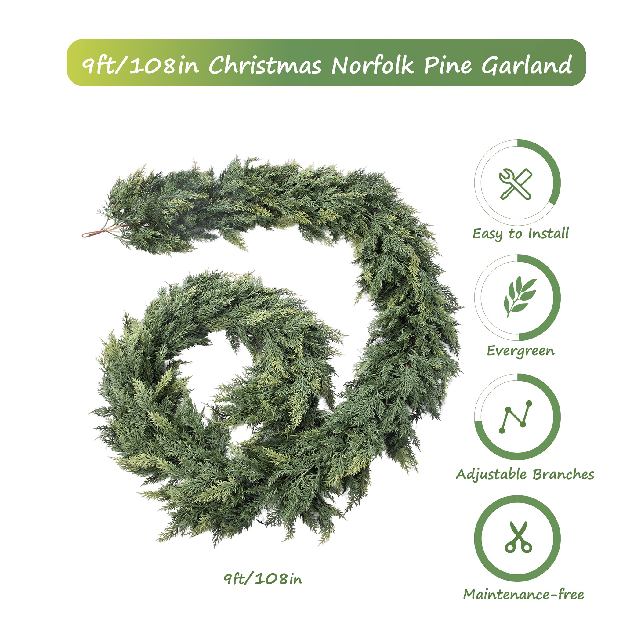 RosyHaven 2Pcs 6ft/9ft/12ft(1pack） Feel Soft Cedar Garland,  Realistic Christmas Cedar Garland with Full & Likelife Branches for Fireplace Table Staircase Window Front Door Decor