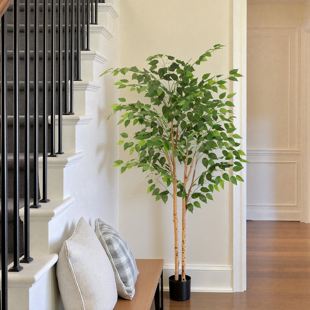 RosyHaven 7ft Real Touch Artificial Ficus Tree with Real Wood Trunks and Waterproof Leaves, 84"Resistant UV Faux Ficus Tree for Living Room Bedroom Dining Room Balcony Yard Patio Decor