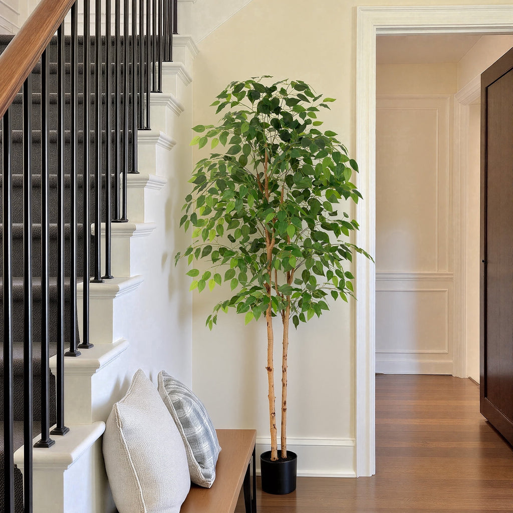 RosyHaven 7ft Real Touch Artificial Ficus Tree with Real Wood Trunks and Waterproof Leaves, 84"Resistant UV Faux Ficus Tree for Living Room Bedroom Dining Room Balcony Yard Patio Decor