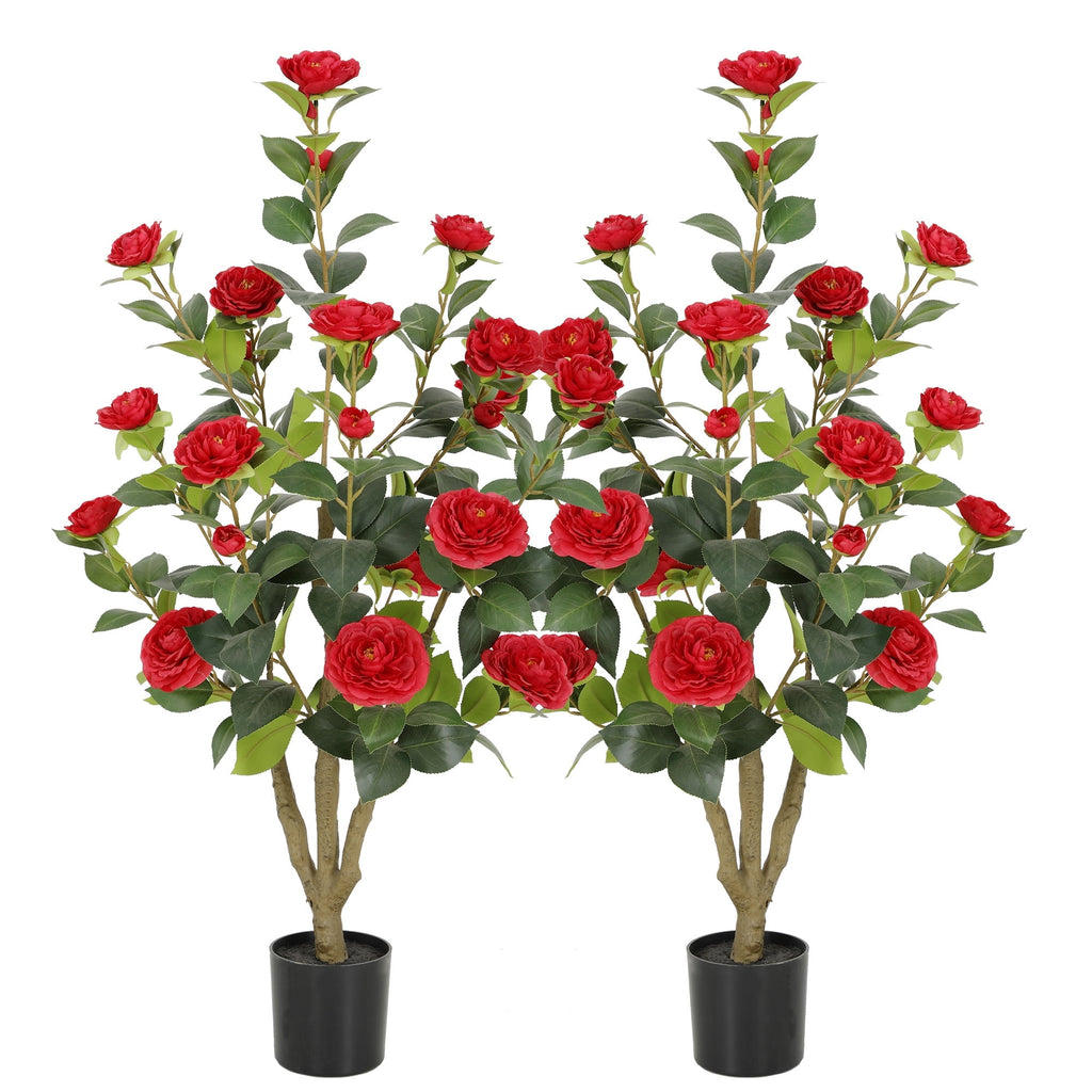 RosyHaven 2Pack 2ft Artificial Camellia Tree with Realistic White Flowers, 24"Fake Camellia Tree, Faux Camellia Tree outdoor with Camellia Flowers for Front Door Porch Patio Garden Yard Pool Room Dec