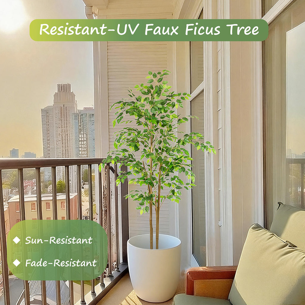 RosyHaven 5ft/6ft/7ft/8ft Real Touch Artificial Ficus Tree , Resistant UV Faux Ficus Tree with Waterproof Leaves and Realitic Trunks for Living Room Bedroom Dining Room Balcony Yard Patio Decor