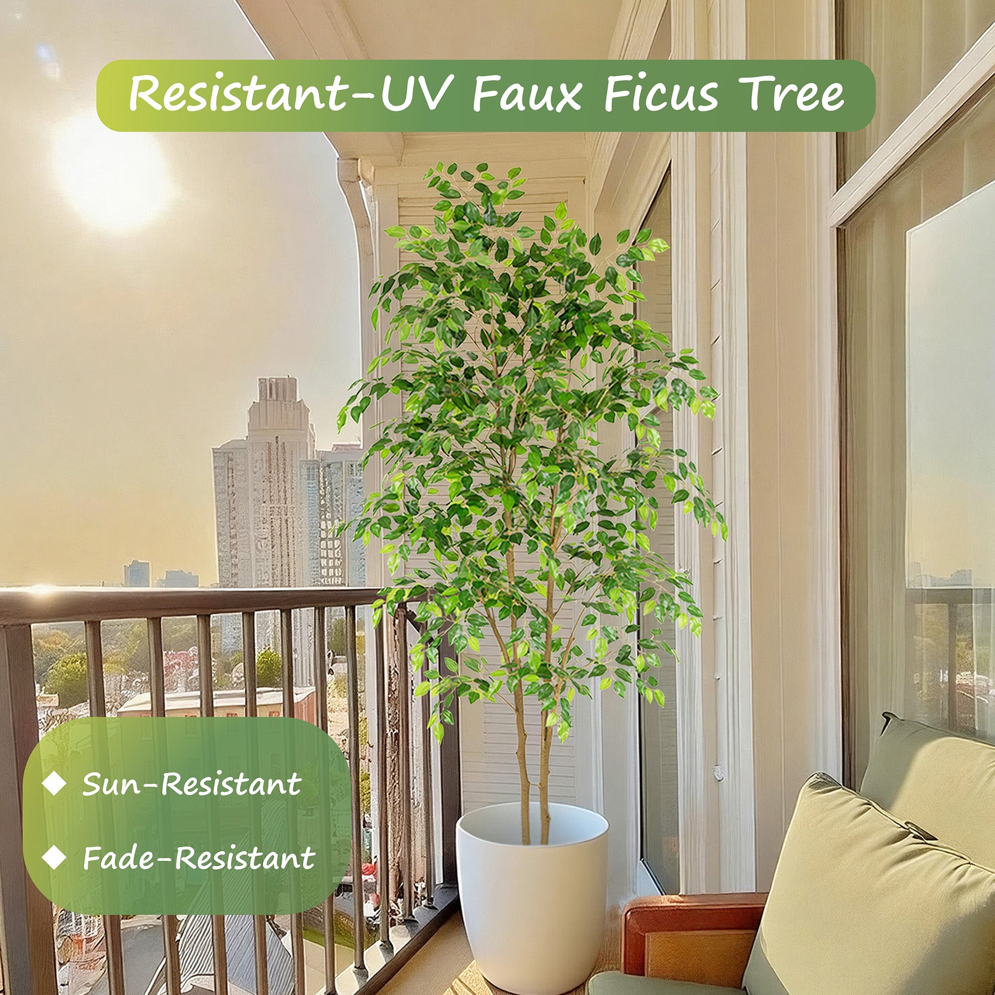 RosyHaven 5ft/6ft/7ft/8ft Real Touch Artificial Ficus Tree , Resistant UV Faux Ficus Tree with Waterproof Leaves and Realitic Trunks for Living Room Bedroom Dining Room Balcony Yard Patio Decor