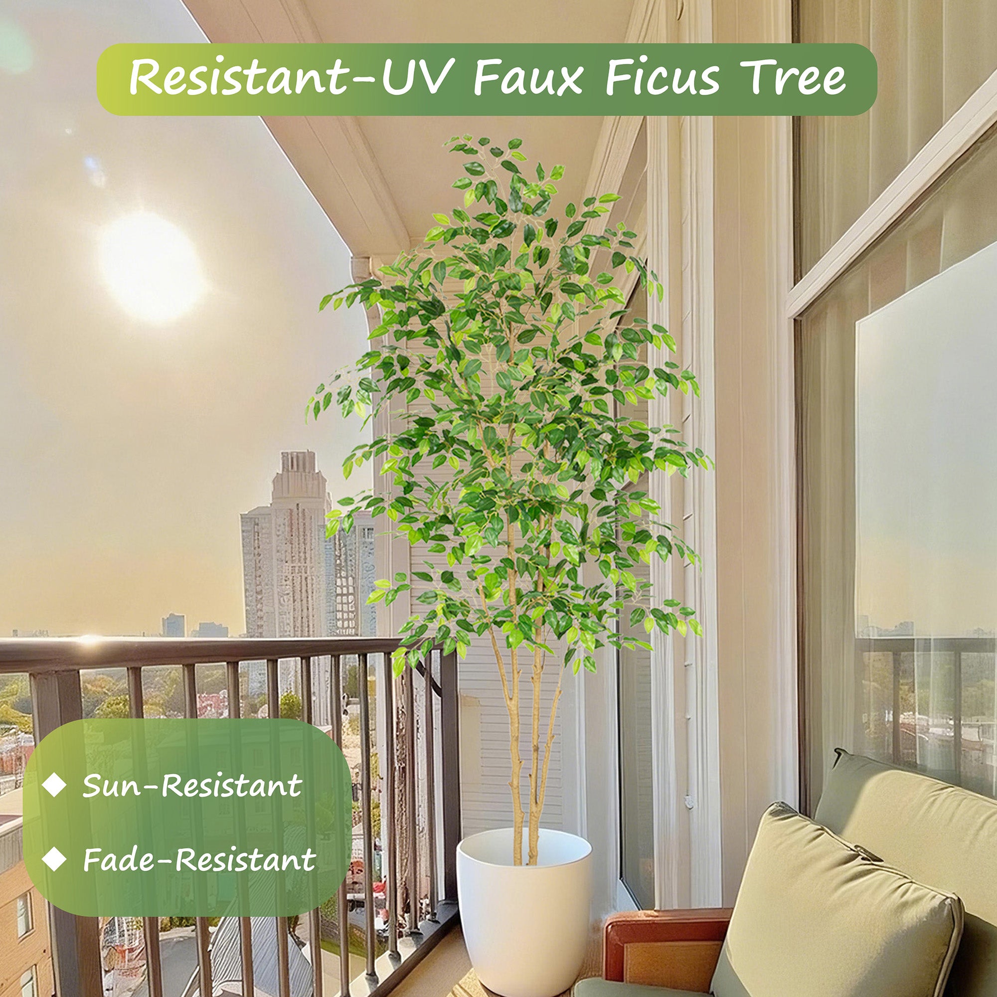 RosyHaven 5ft/6ft/7ft/8ft Real Touch Artificial Ficus Tree , Resistant UV Faux Ficus Tree with Waterproof Leaves and Realitic Trunks for Living Room Bedroom Dining Room Balcony Yard Patio Decor