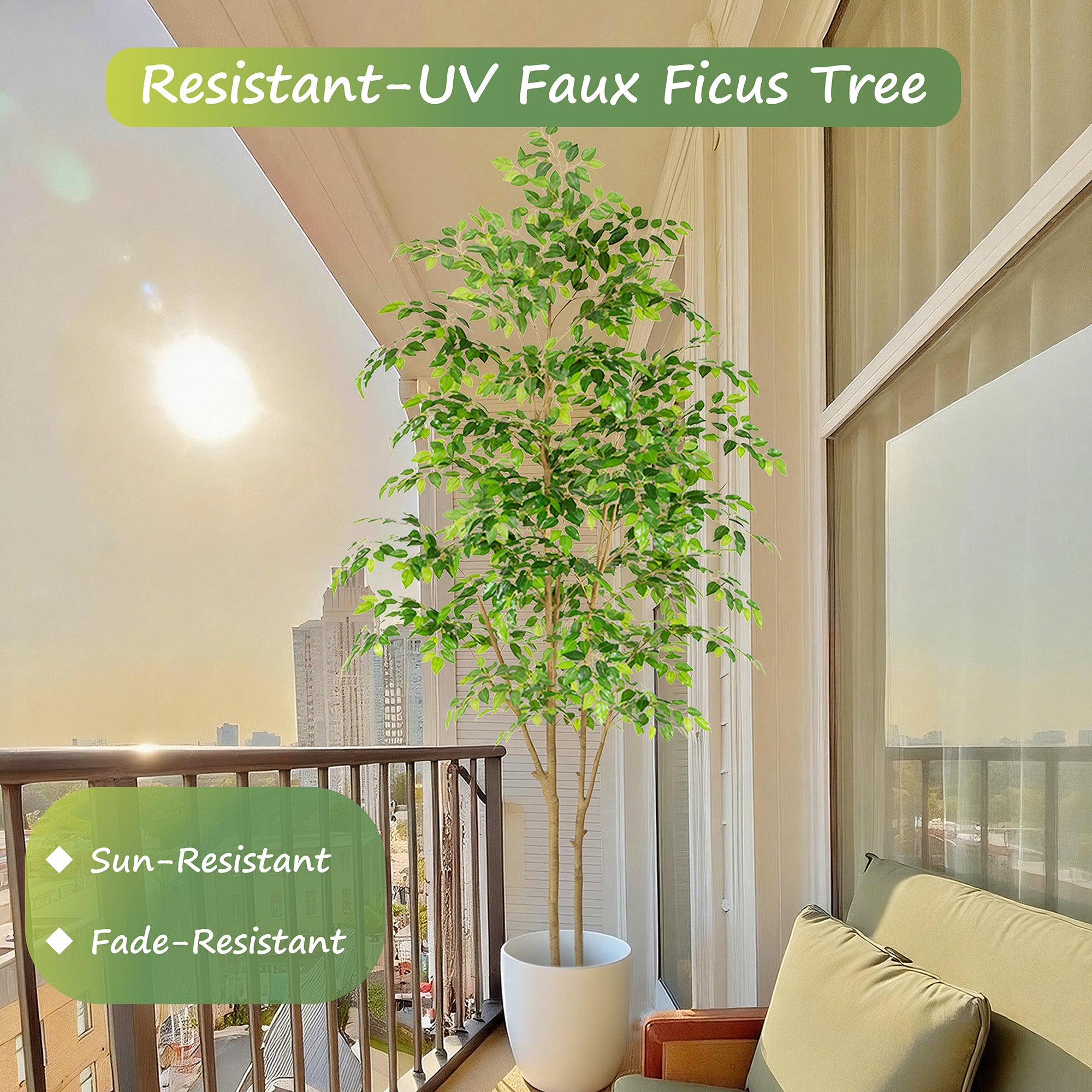 RosyHaven 5ft/6ft/7ft/8ft Real Touch Artificial Ficus Tree , Resistant UV Faux Ficus Tree with Waterproof Leaves and Realitic Trunks for Living Room Bedroom Dining Room Balcony Yard Patio Decor