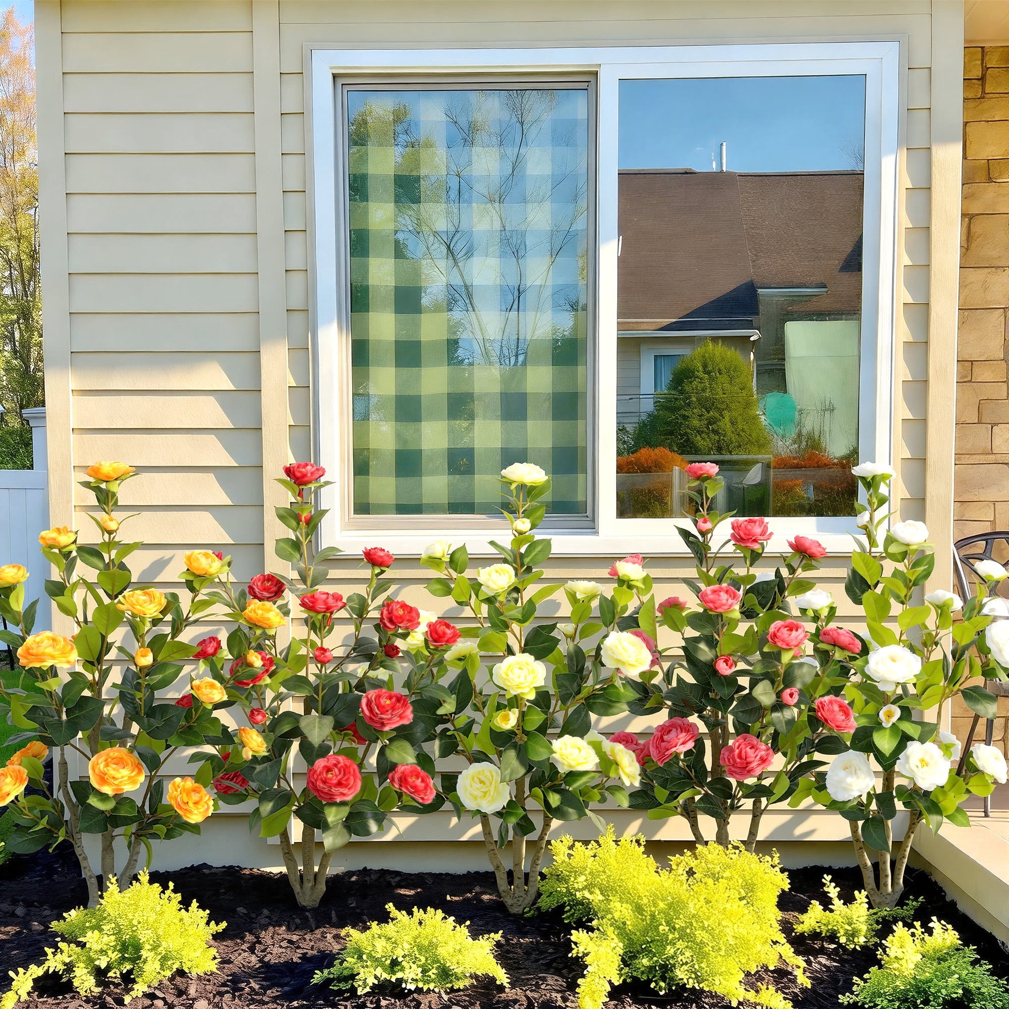 RosyHaven 2Pack 2ft Artificial Camellia Tree with Realistic White Flowers, 24"Fake Camellia Tree, Faux Camellia Tree outdoor with Camellia Flowers for Front Door Porch Patio Garden Yard Pool Room Dec