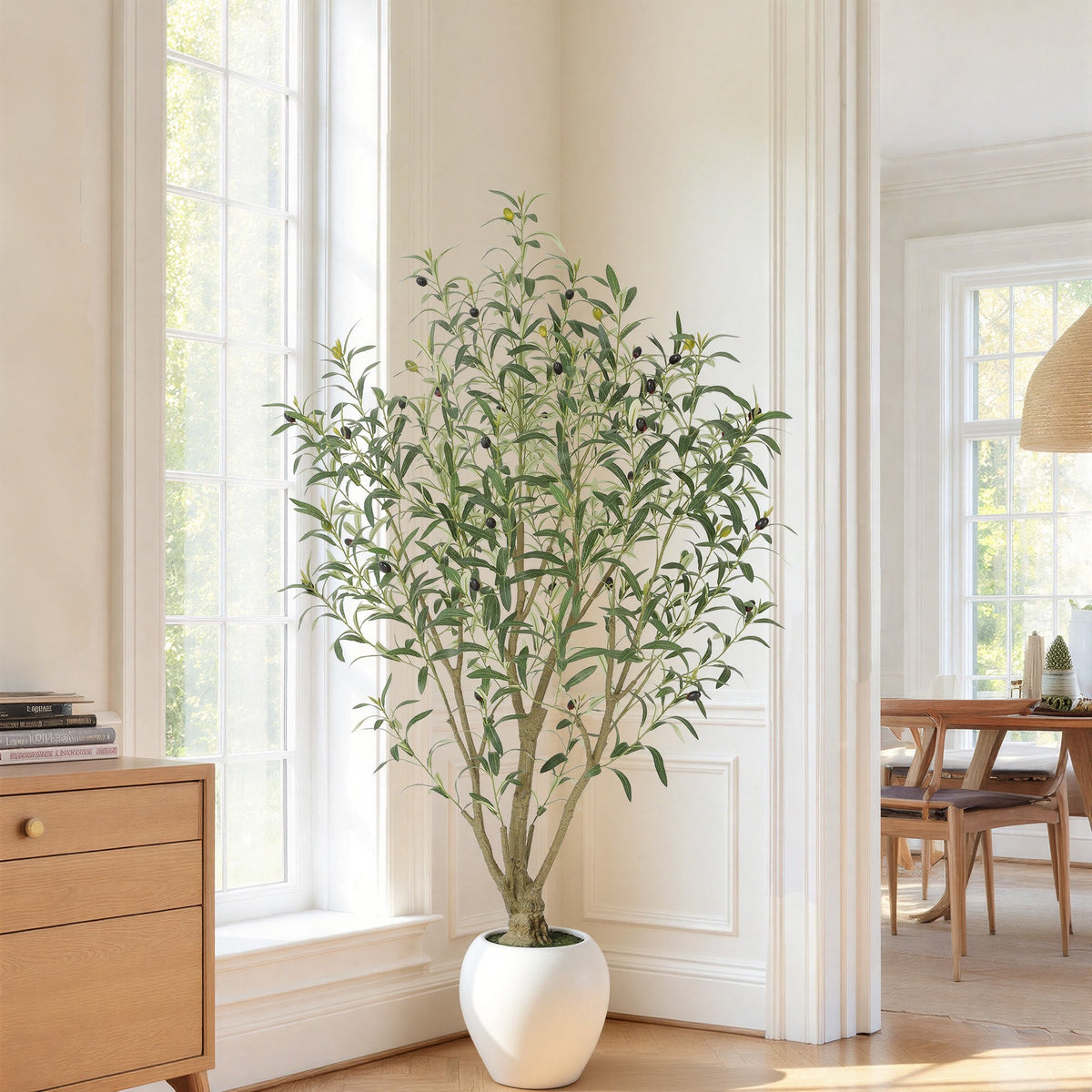 RosyHaven 5/6/7/8/8.1/9ft Super Full Artificial Olive Tree with Minimalist Planter(Size: D11.8"*H10.7"/D15.8"*H13.5"/D18.4"*H16.5"),Warm White Spotlight,108"Tall Faux Olive Tree for Living Room Bedroom Patio Balcony Corner Decor