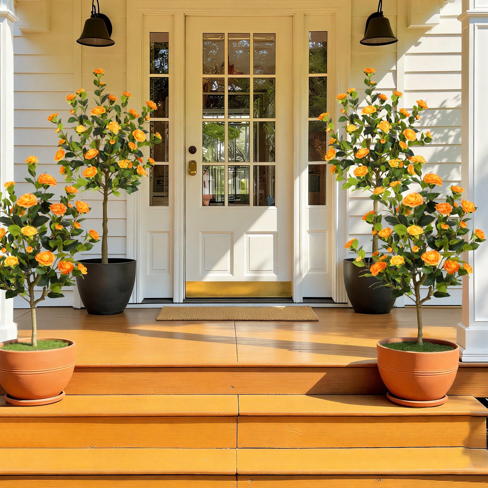 RosyHaven 4ft/5ft 2pack Artificial Camellia Tree with Realistic Orange/White/Pink/Yellow/Rwd Flowers, 48"Lifelike Faux Flower Tree with Blooming Fake Flowers for Front Door Porch Patio Garden Yard Poolside Living Room Decor